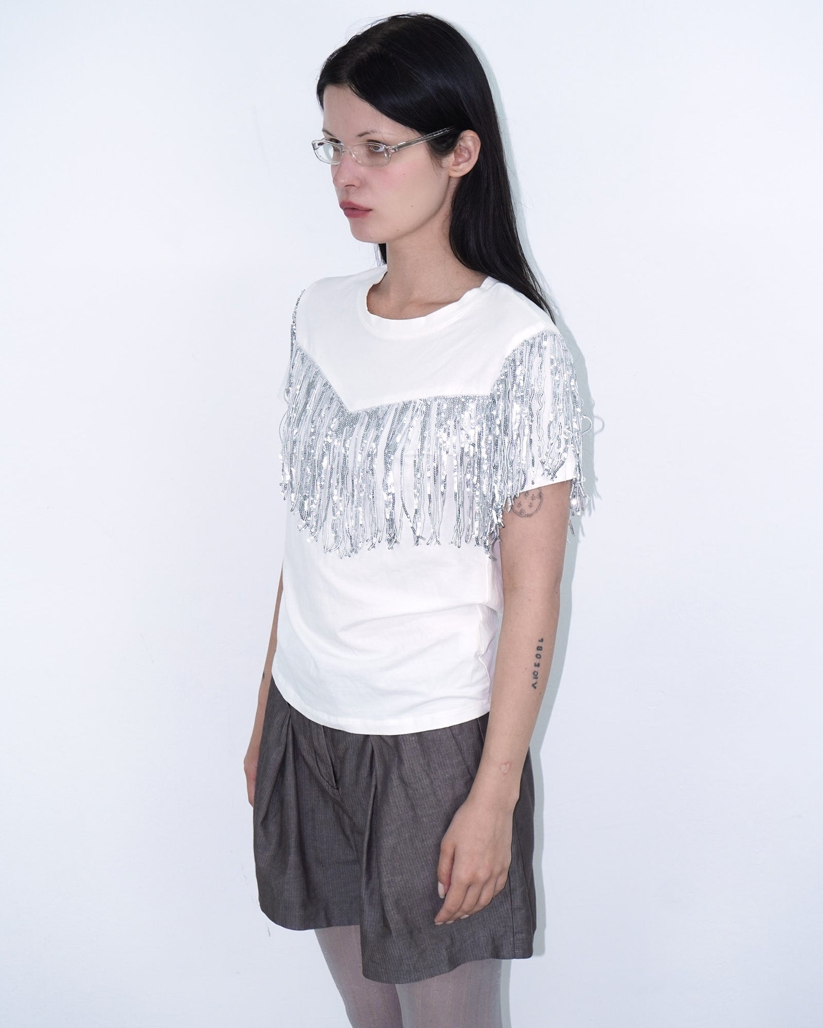white top with sequin fringes