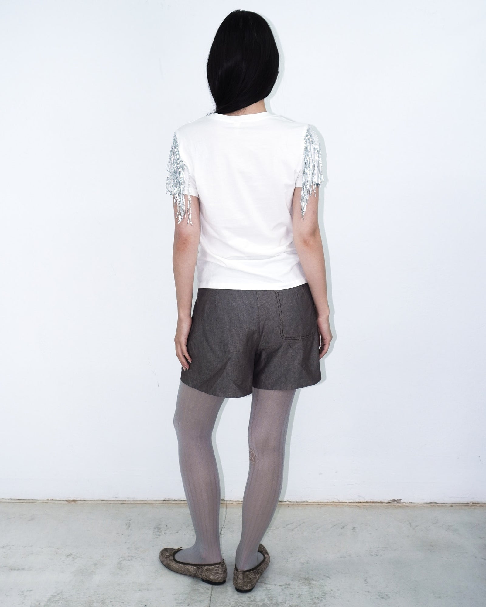 white top with sequin fringes
