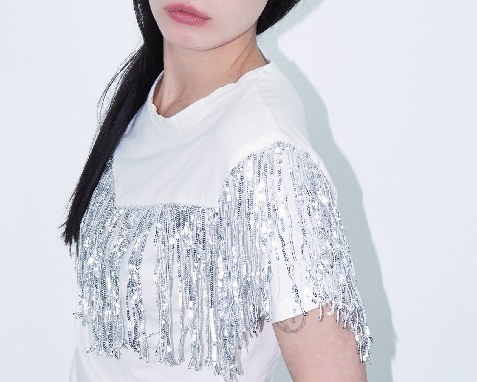 white top with sequin fringes