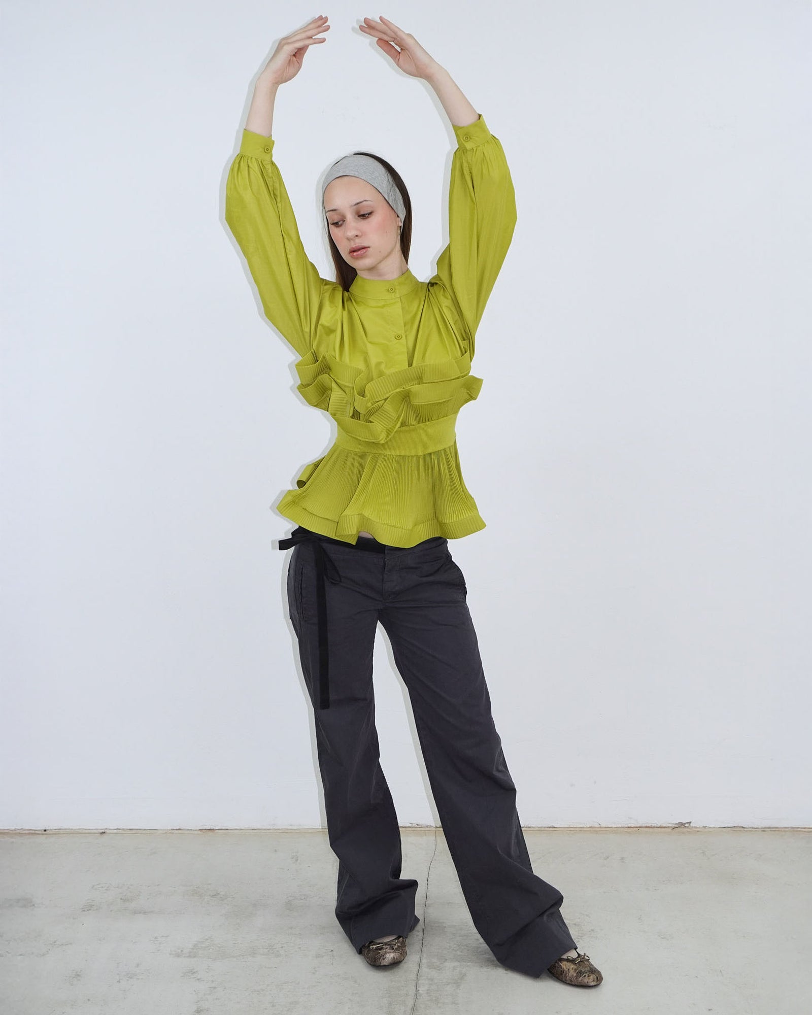 yellow-green pleated structured shirt