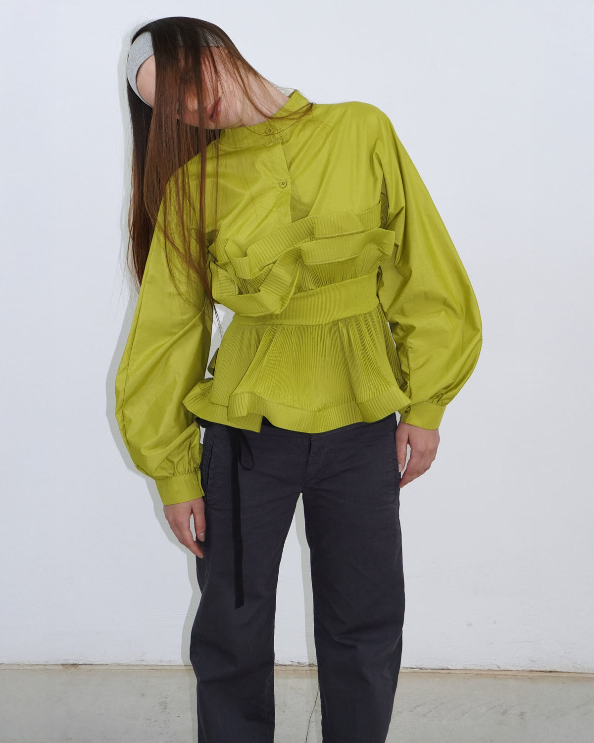 yellow-green pleated structured shirt