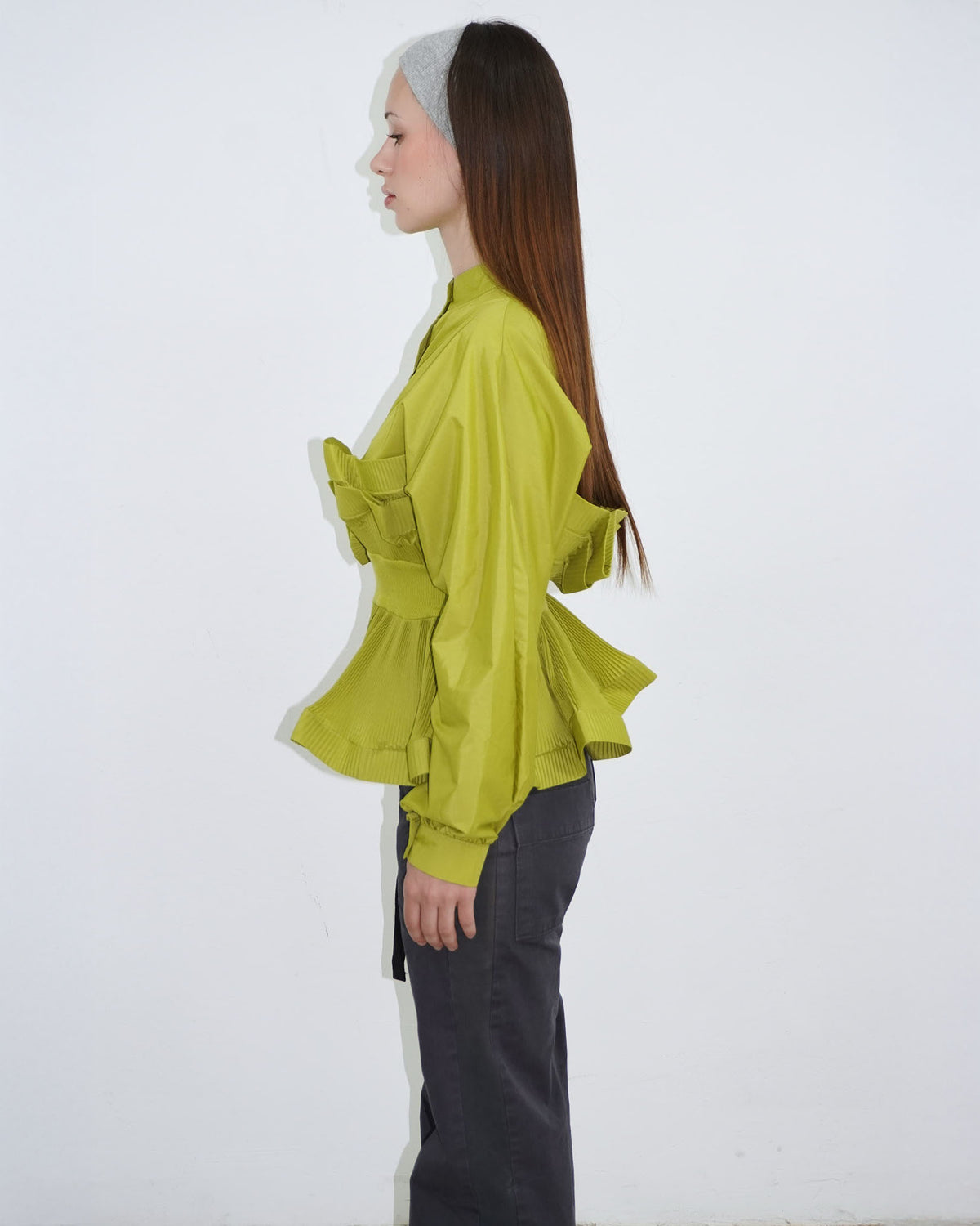 yellow-green pleated structured shirt