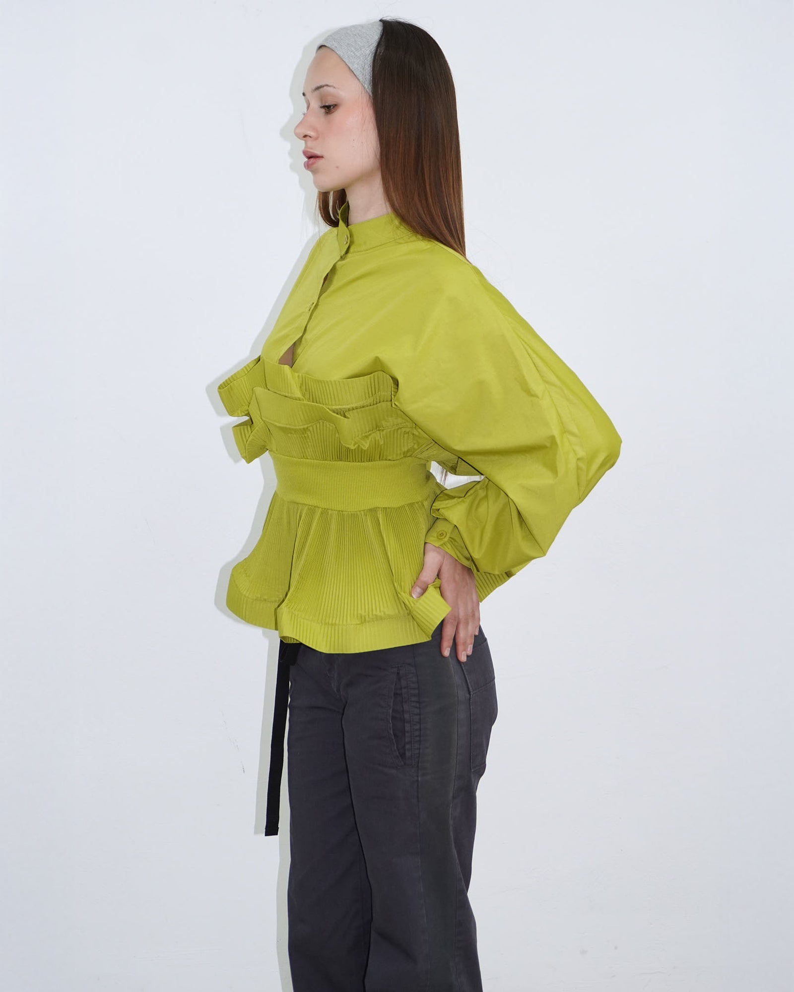 yellow-green pleated structured shirt