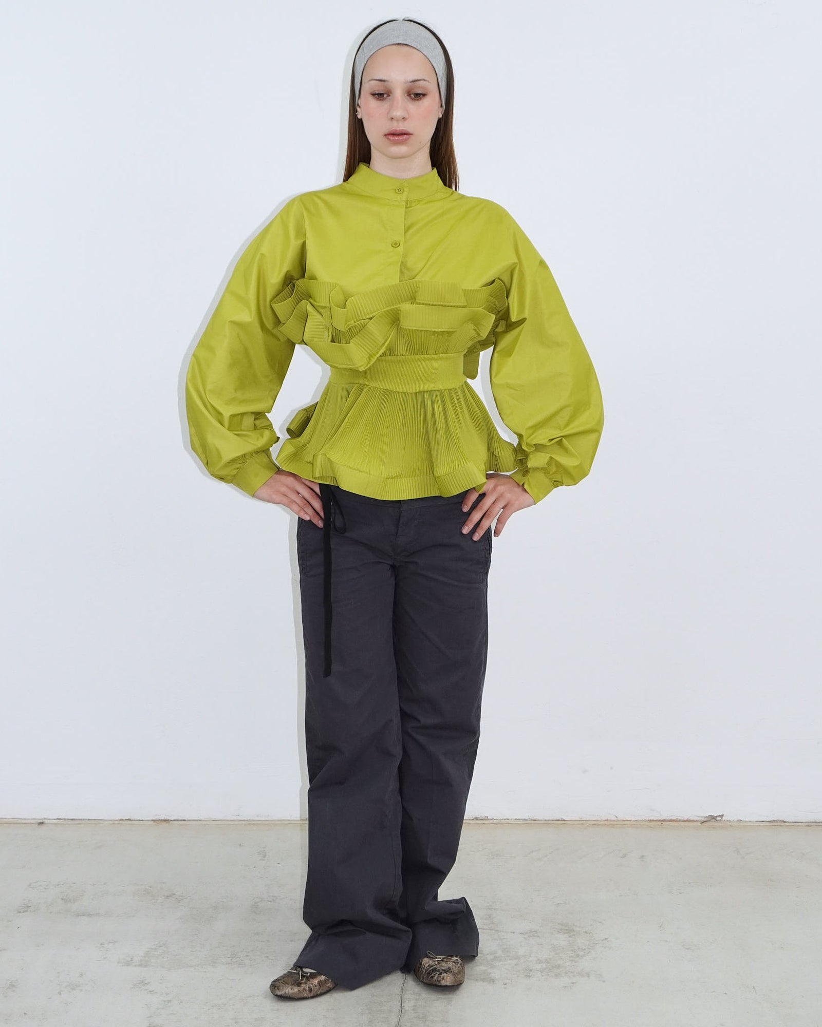 yellow-green pleated structured shirt