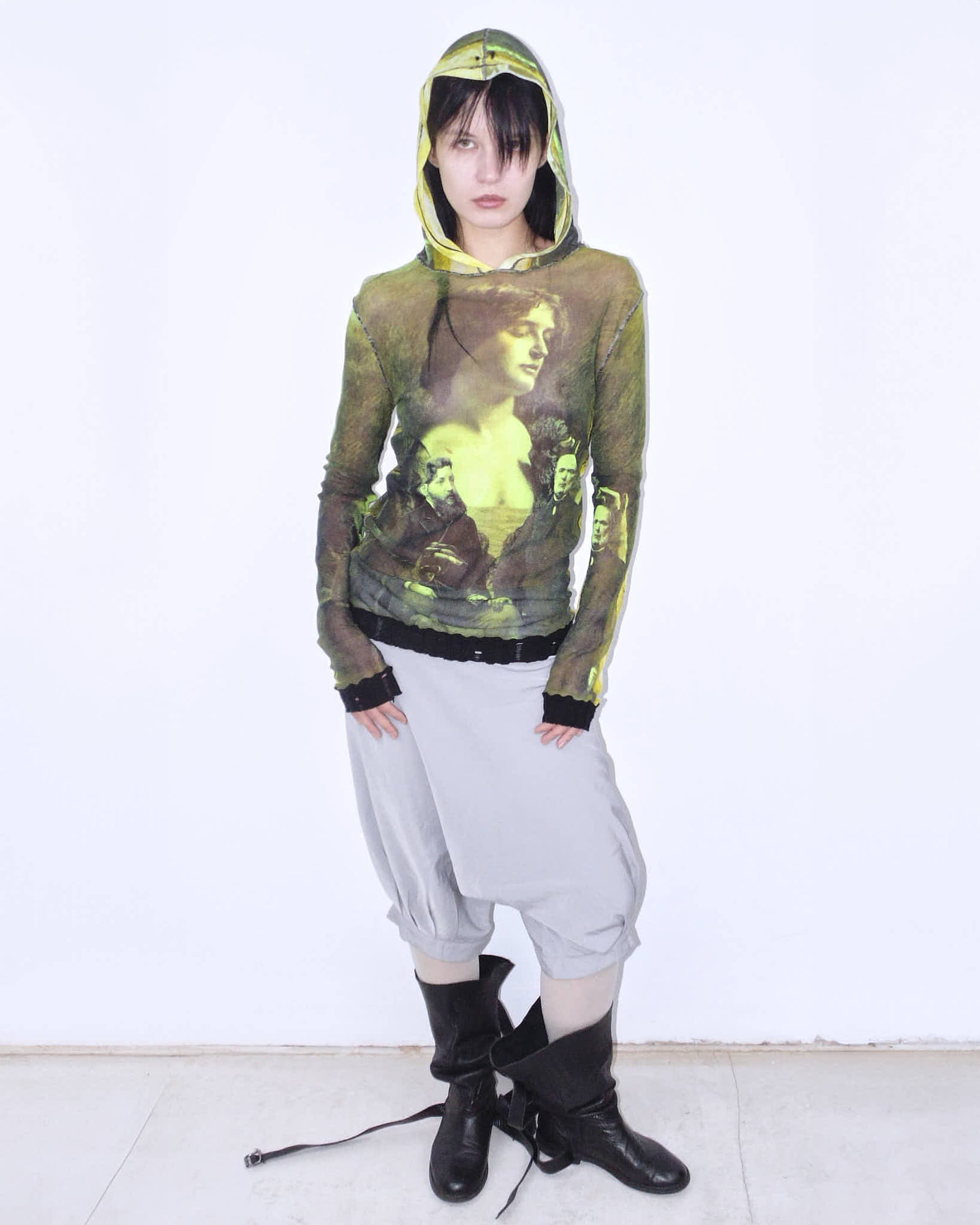 90s painting green hooded graphical mesh top