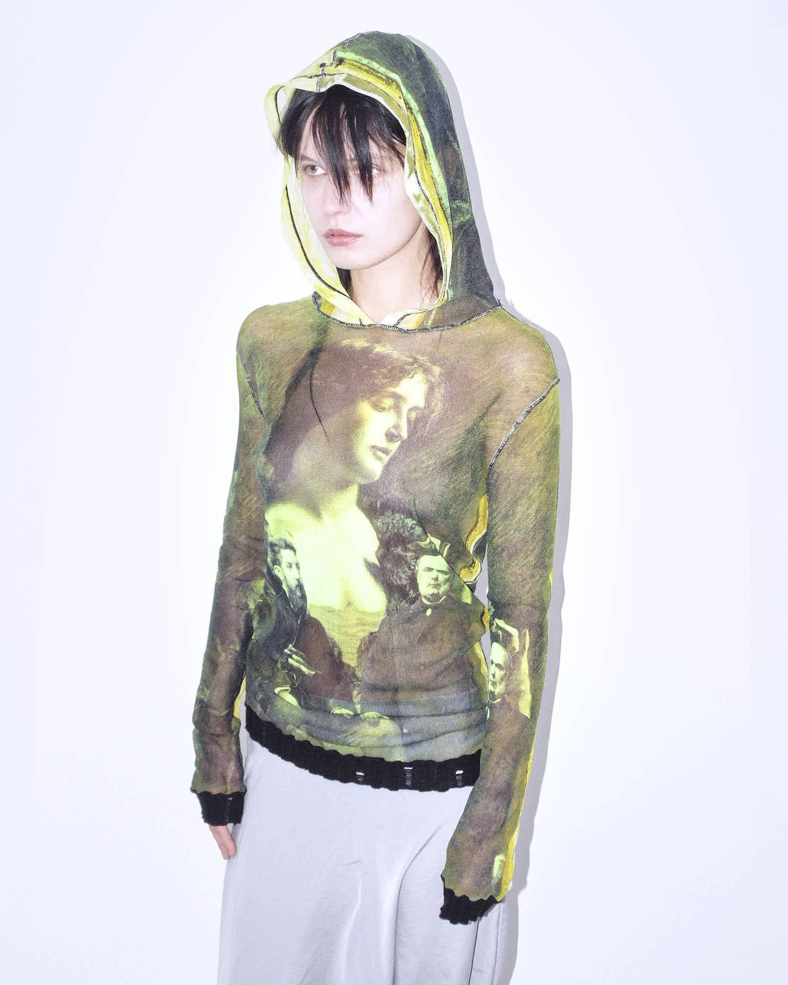 90s painting green hooded graphical mesh top