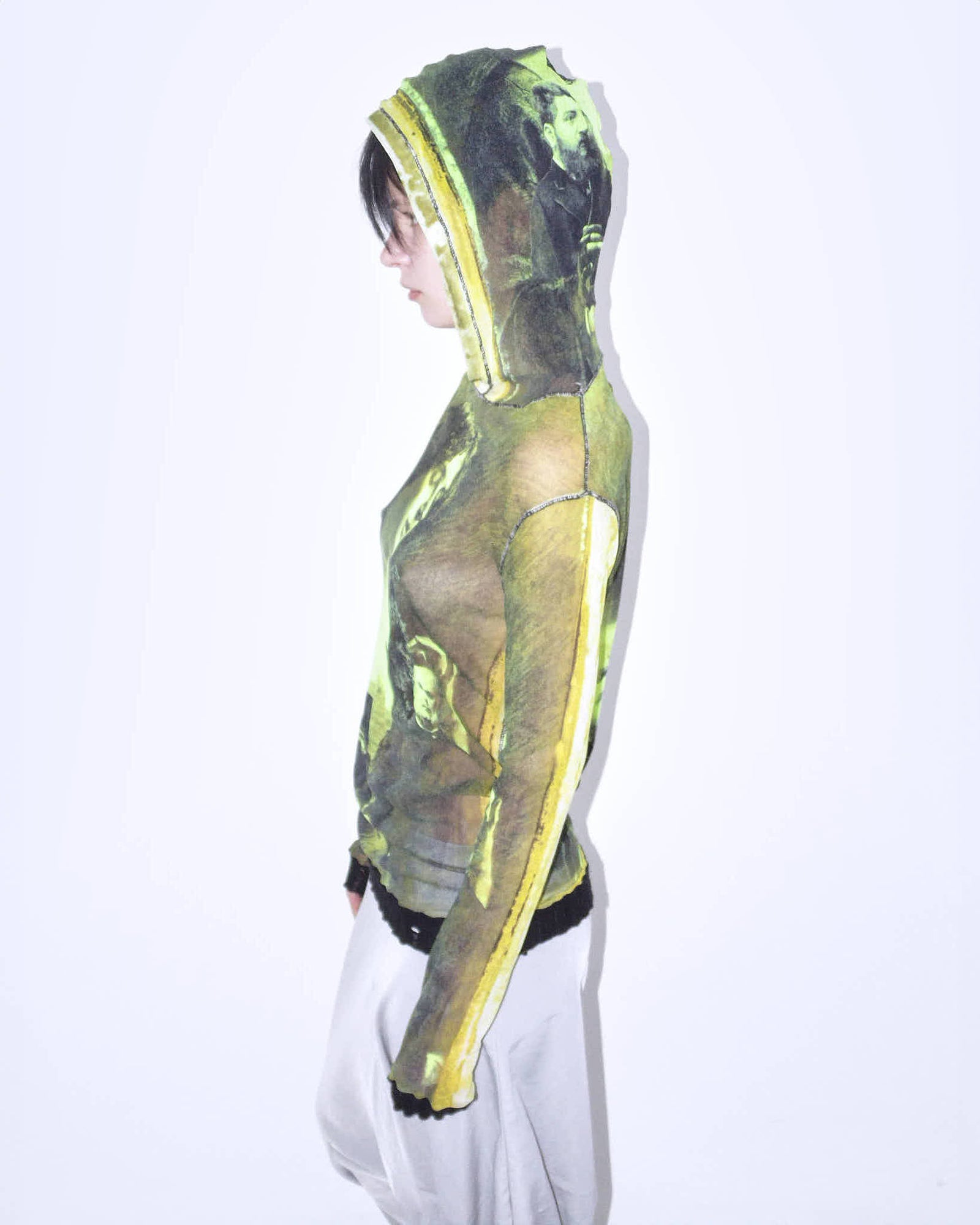 90s painting green hooded graphical mesh top