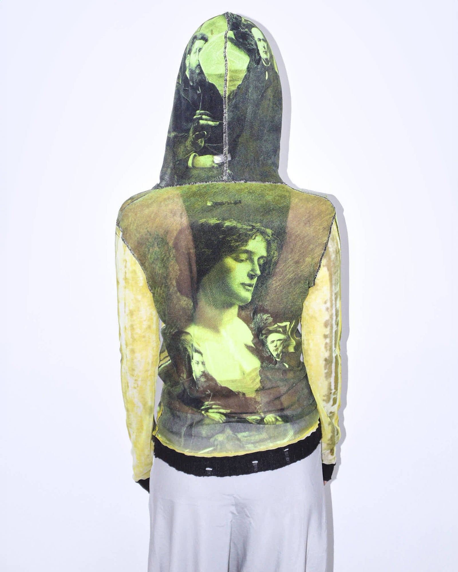 90s painting green hooded graphical mesh top