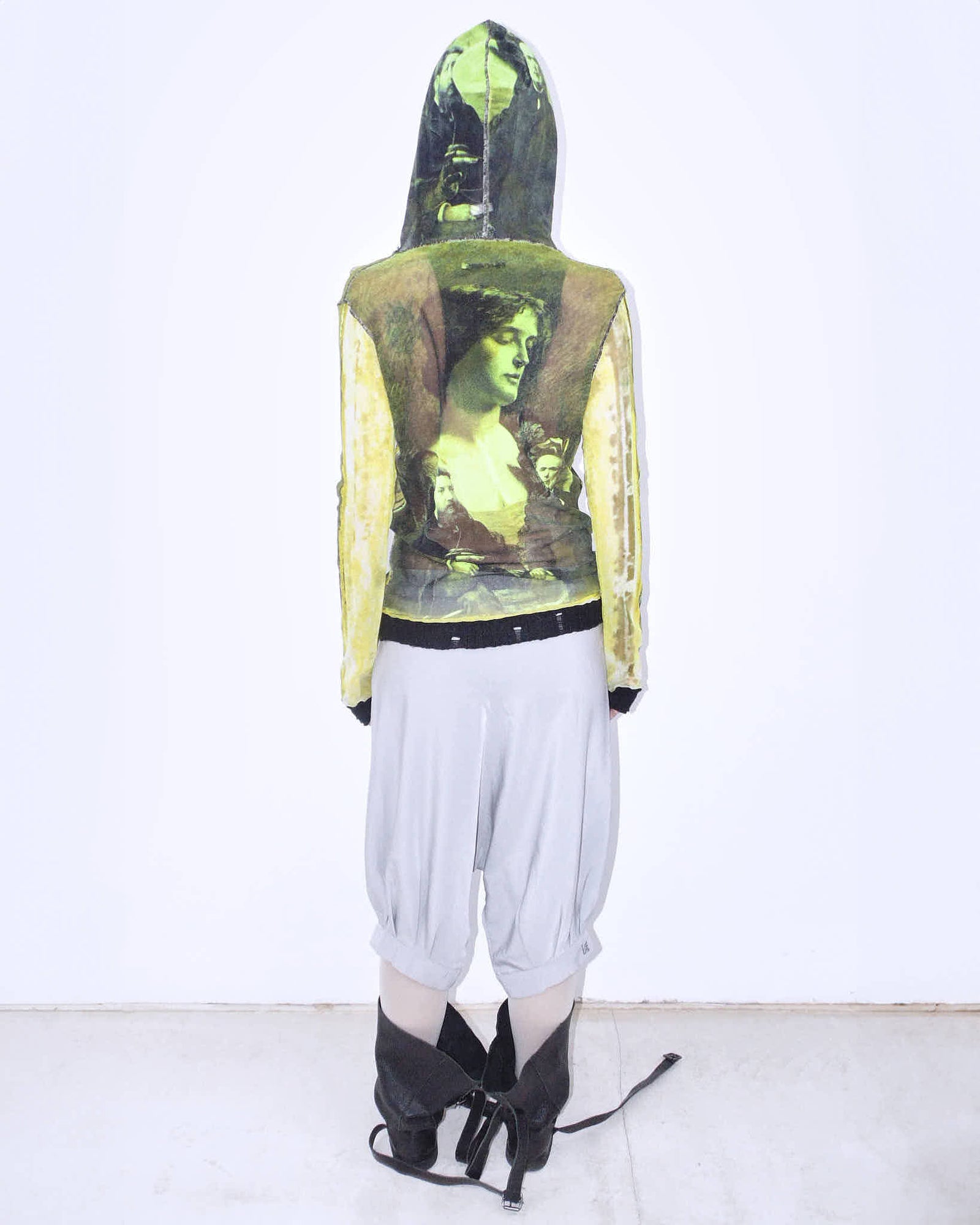 90s painting green hooded graphical mesh top