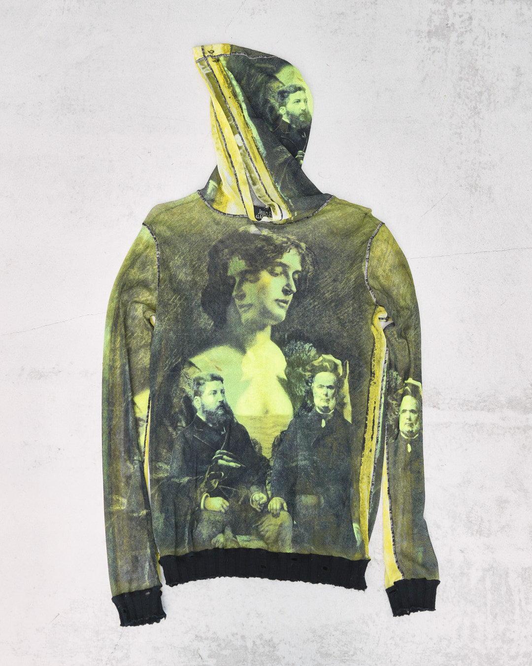 90s painting green hooded graphical mesh top