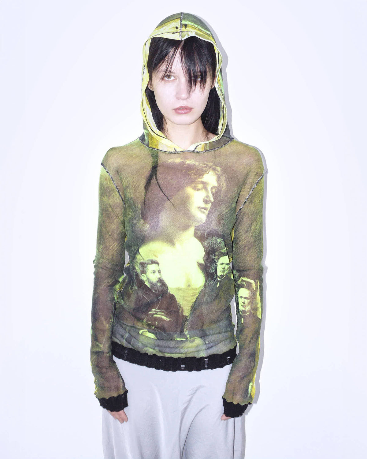 90s painting green hooded graphical mesh top