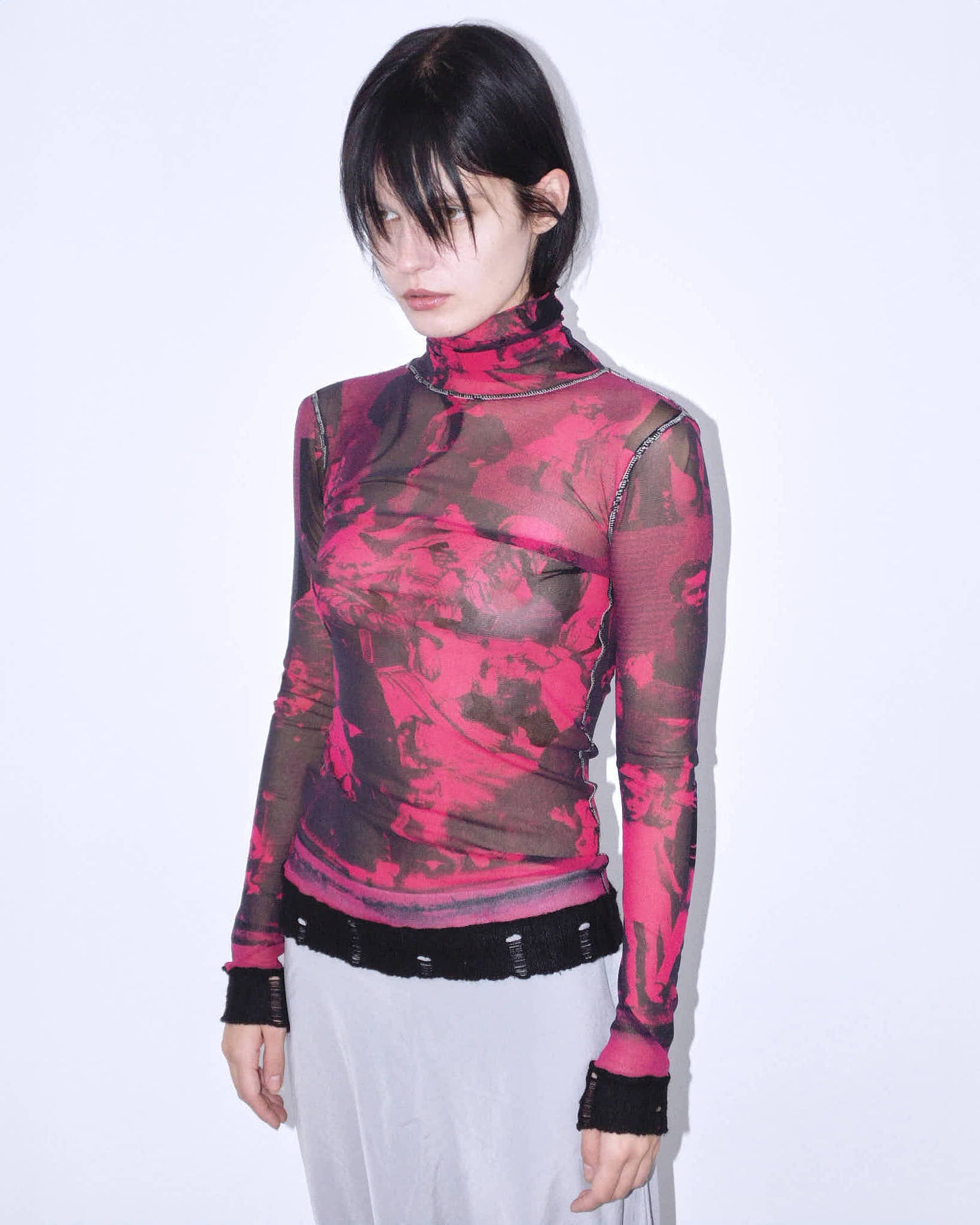 90s pink/red turtleneck painting graphical mesh top