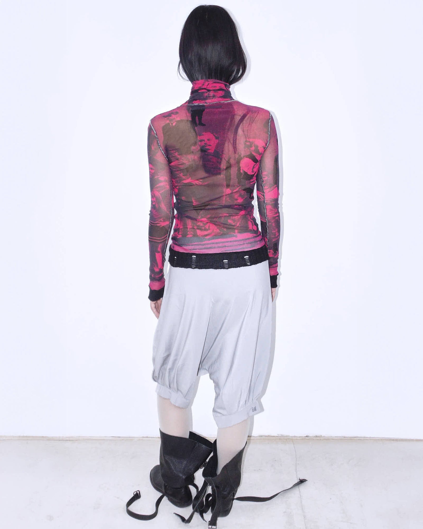 90s pink/red turtleneck painting graphical mesh top