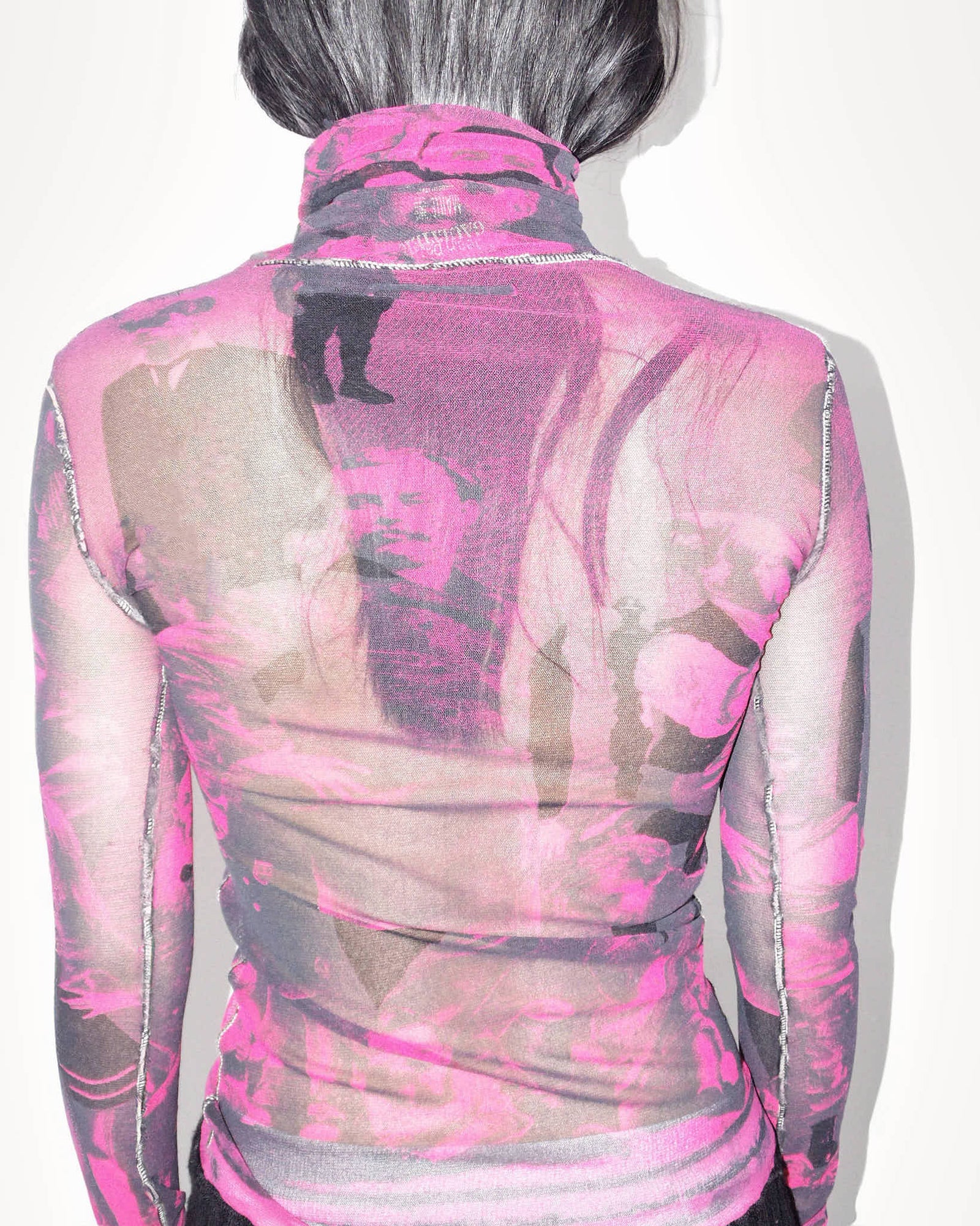 90s pink/red turtleneck painting graphical mesh top
