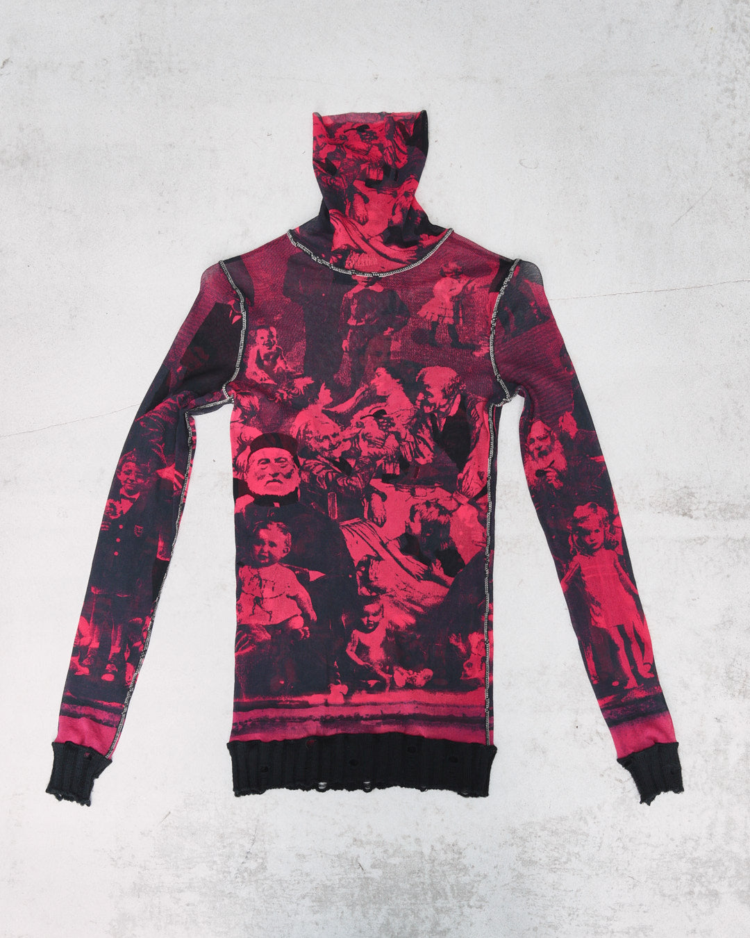 90s pink/red turtleneck painting graphical mesh top