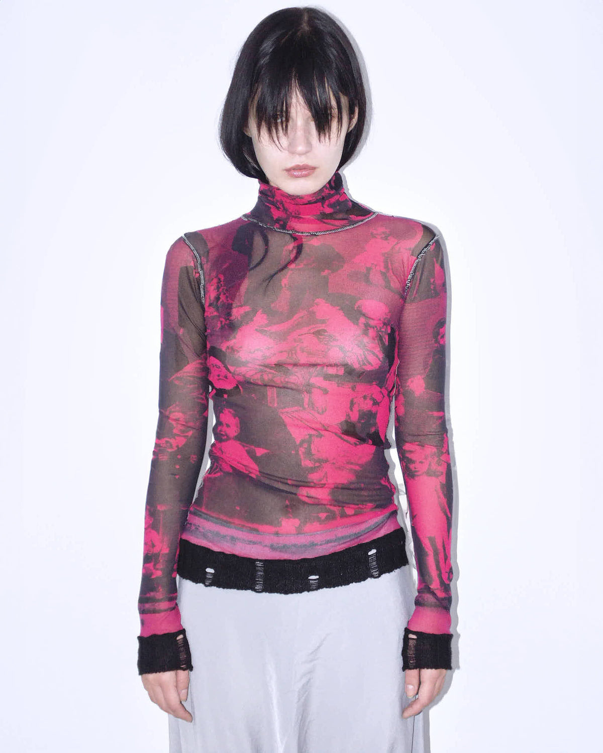 90s pink/red turtleneck painting graphical mesh top