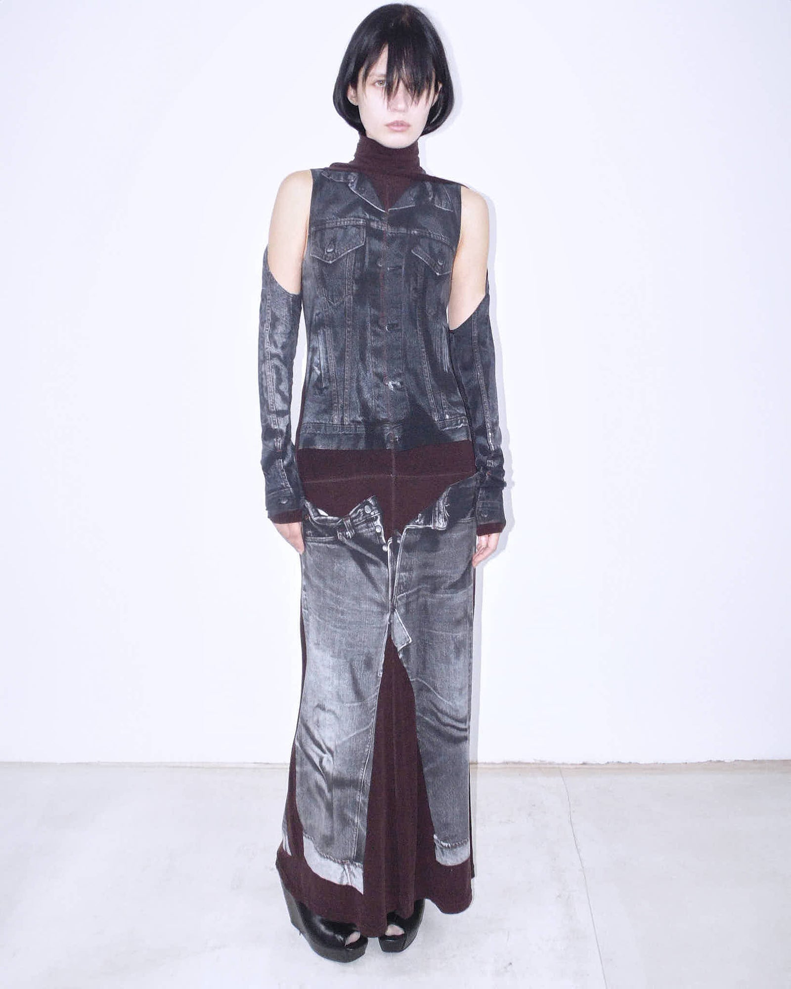 black denim trompe l’oeil maxi dress