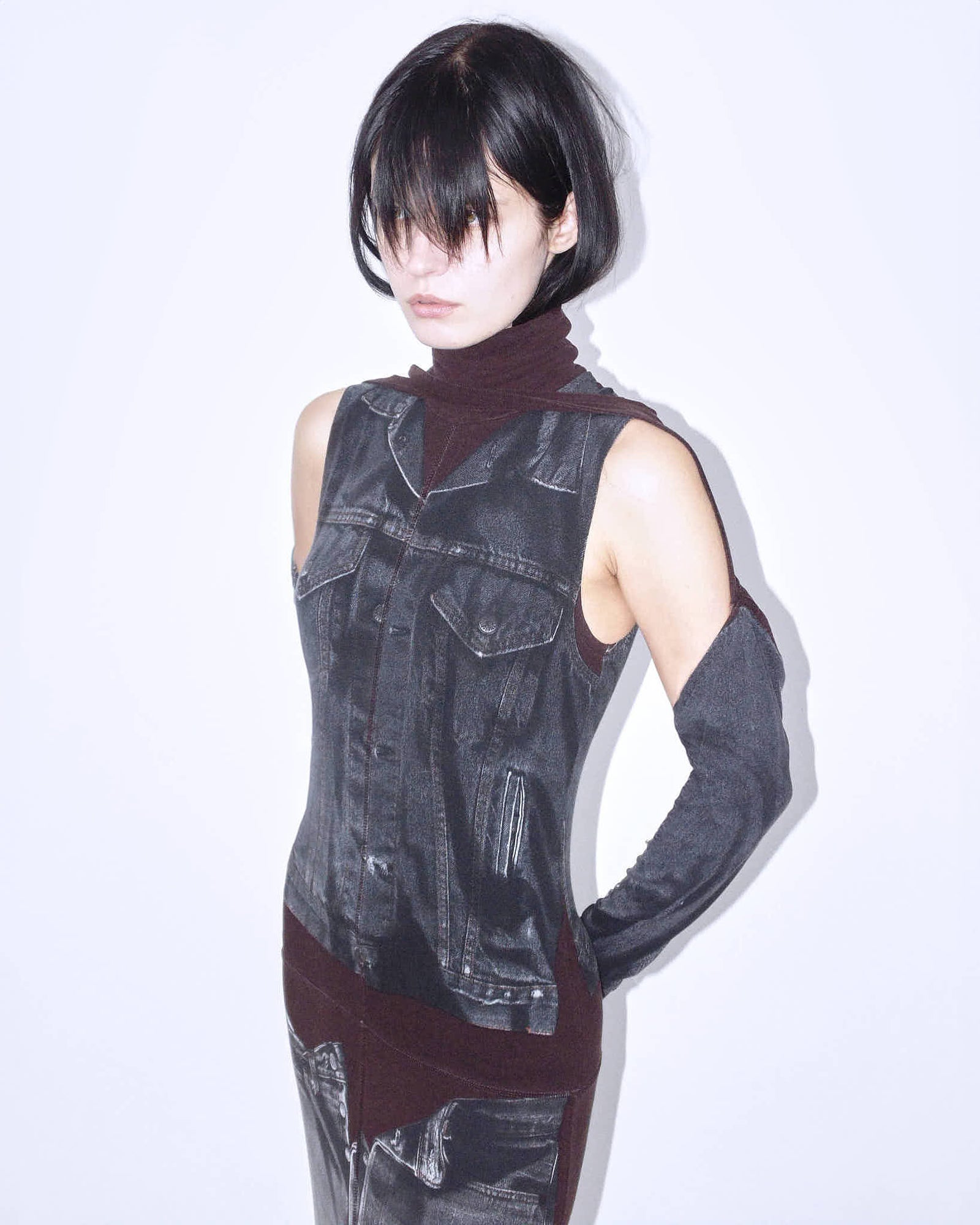 black denim trompe l’oeil maxi dress