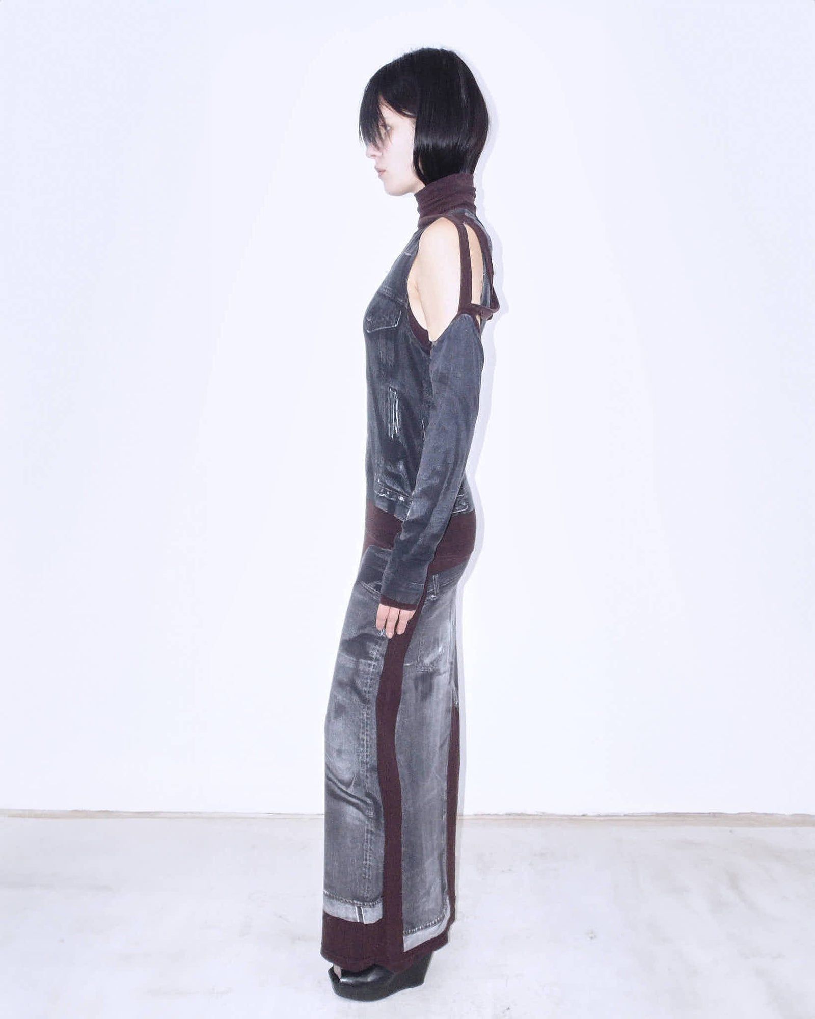 black denim trompe l’oeil maxi dress