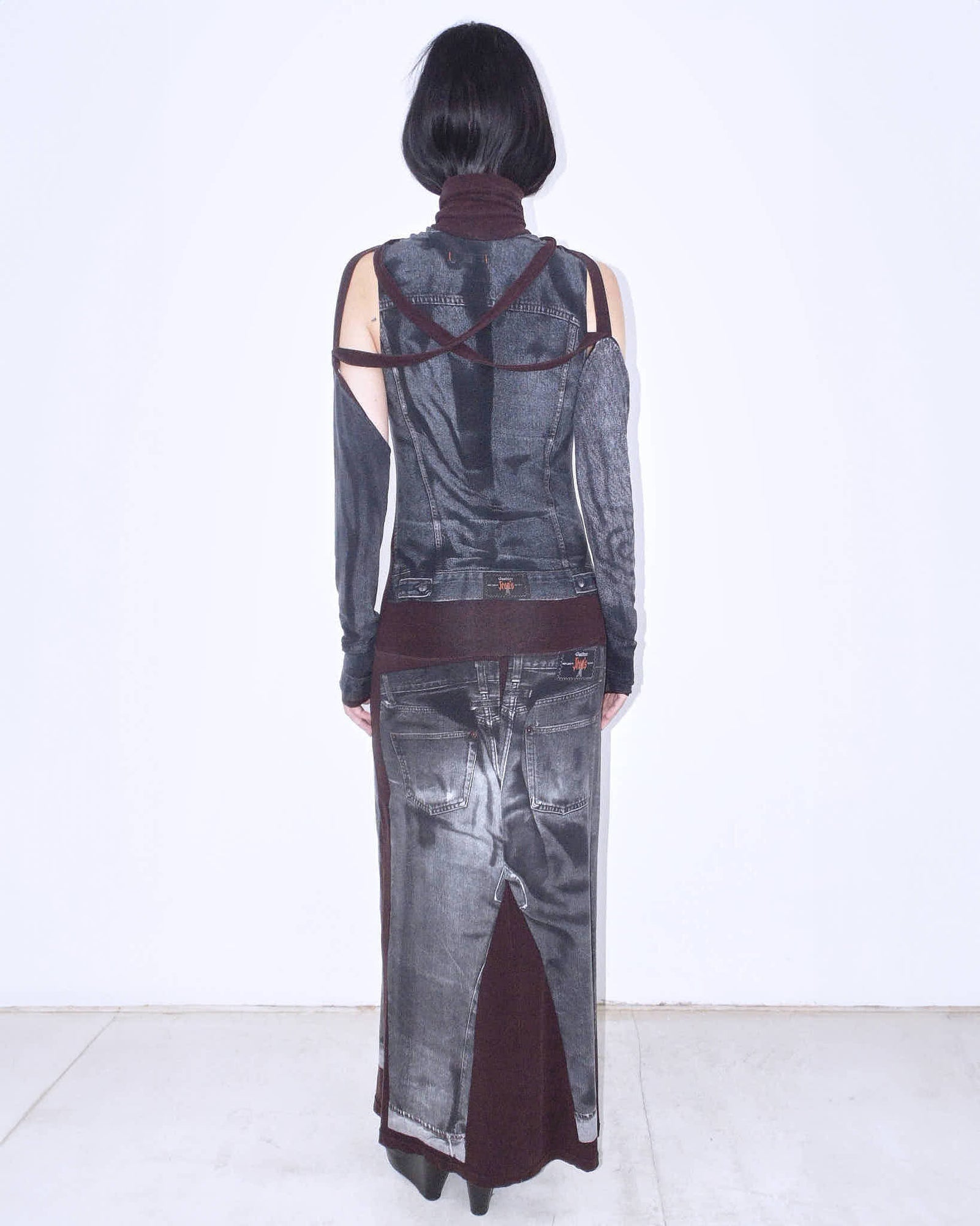 black denim trompe l’oeil maxi dress