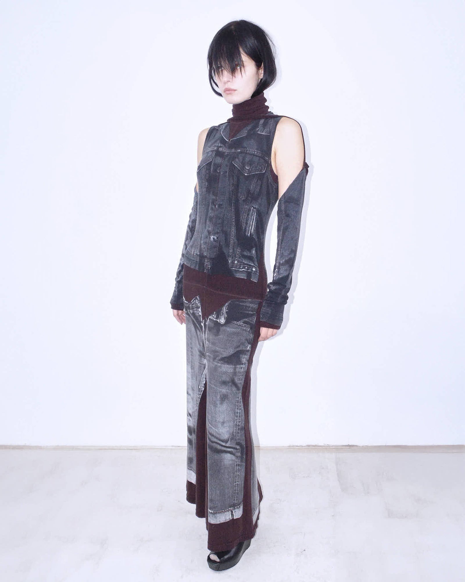 black denim trompe l’oeil maxi dress
