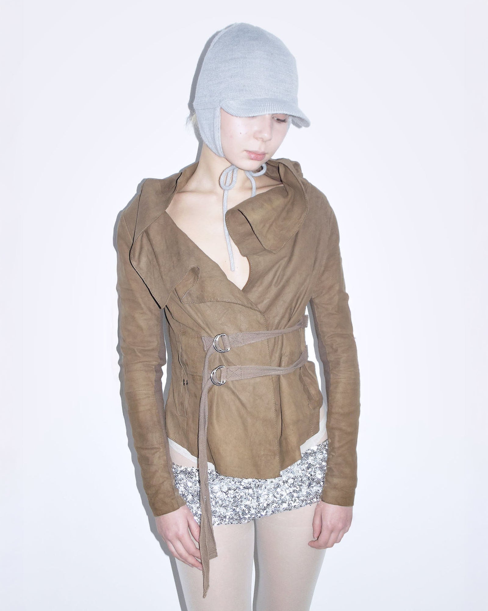asymmetrical brown leather jacket
