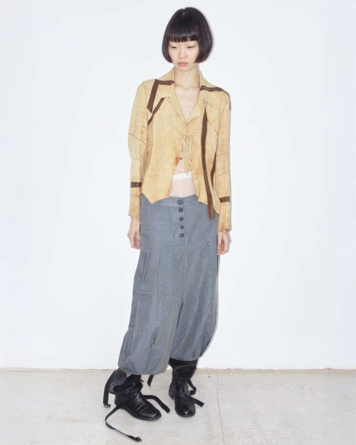 beige deconstructed patchwork suede leather jacket