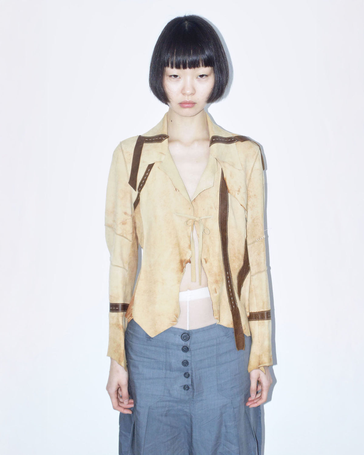 beige deconstructed patchwork suede leather jacket