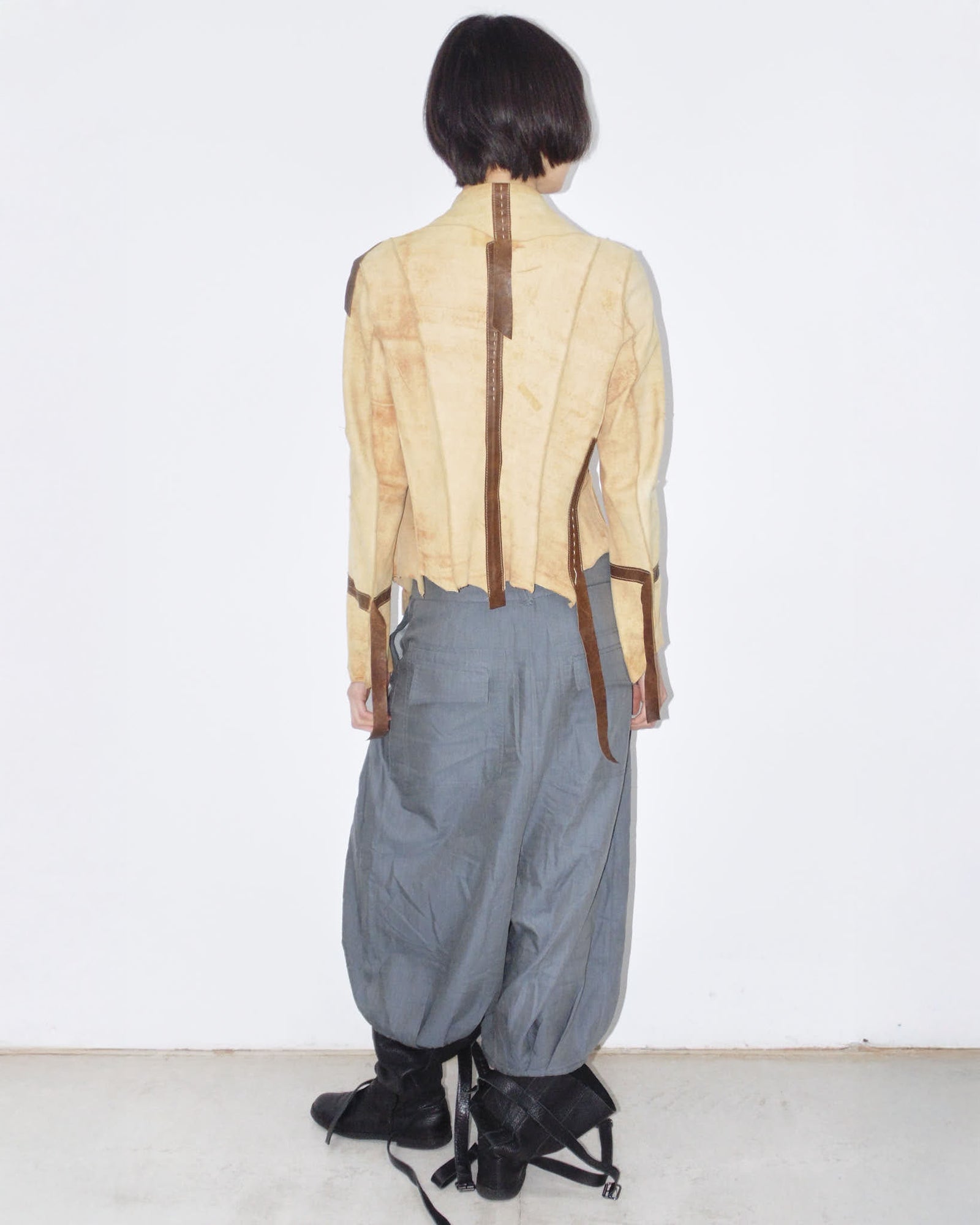 beige deconstructed patchwork suede leather jacket