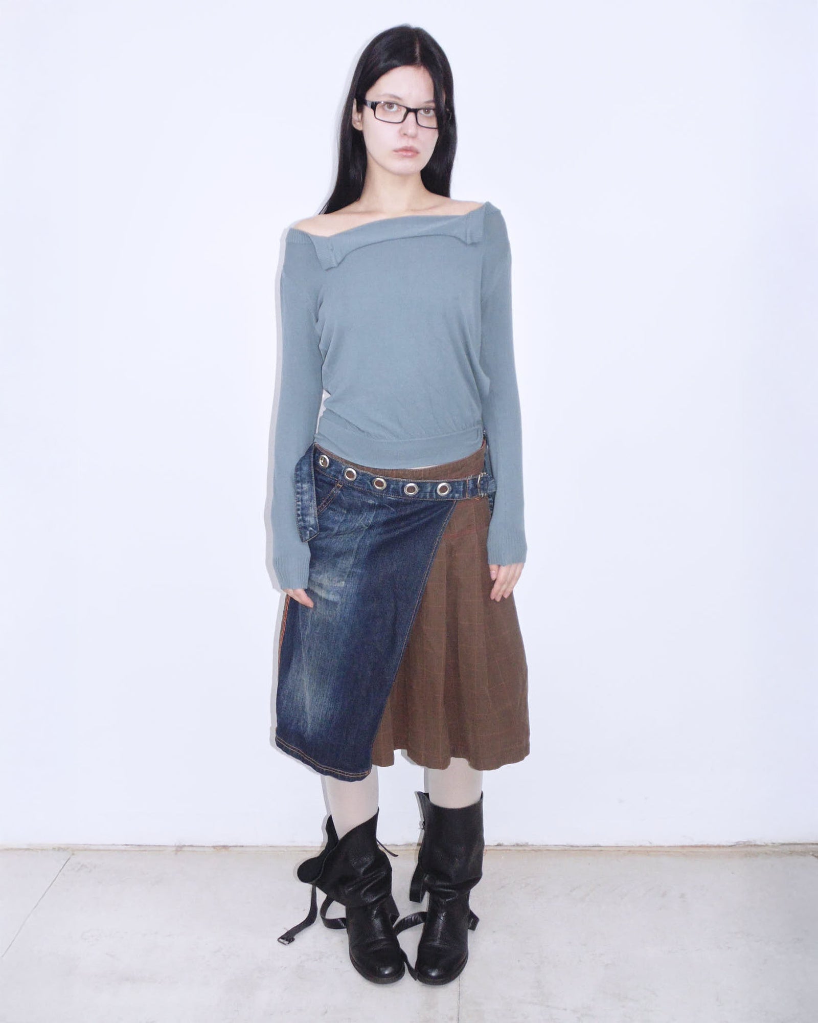 bi-material midi asymmetric denim skirt