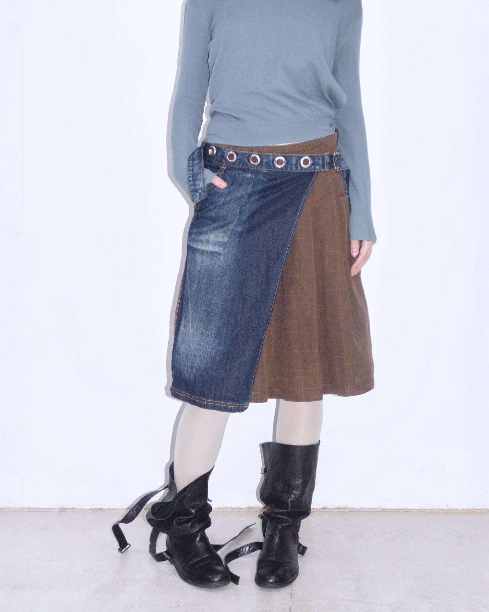 bi-material midi asymmetric denim skirt