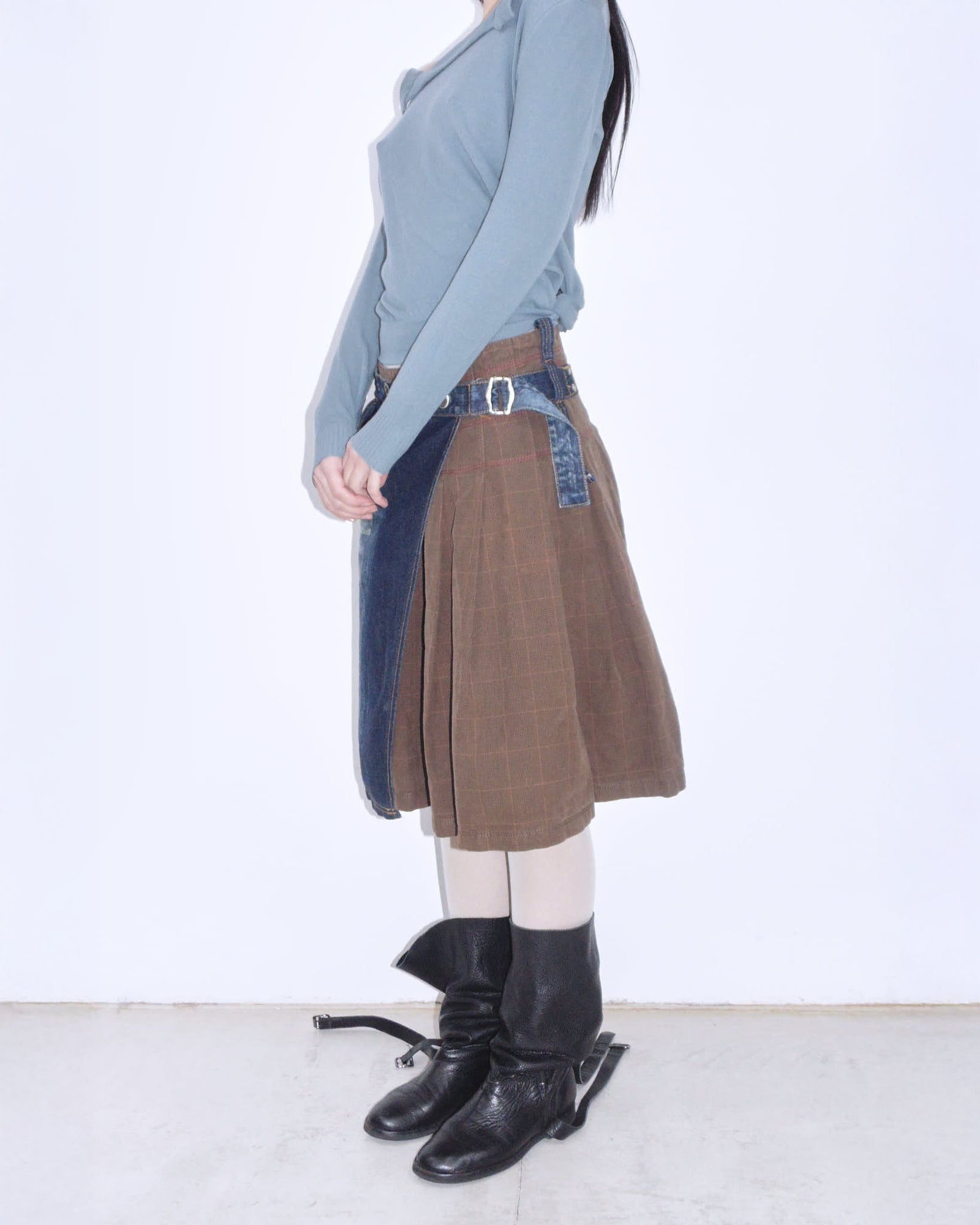 bi-material midi asymmetric denim skirt