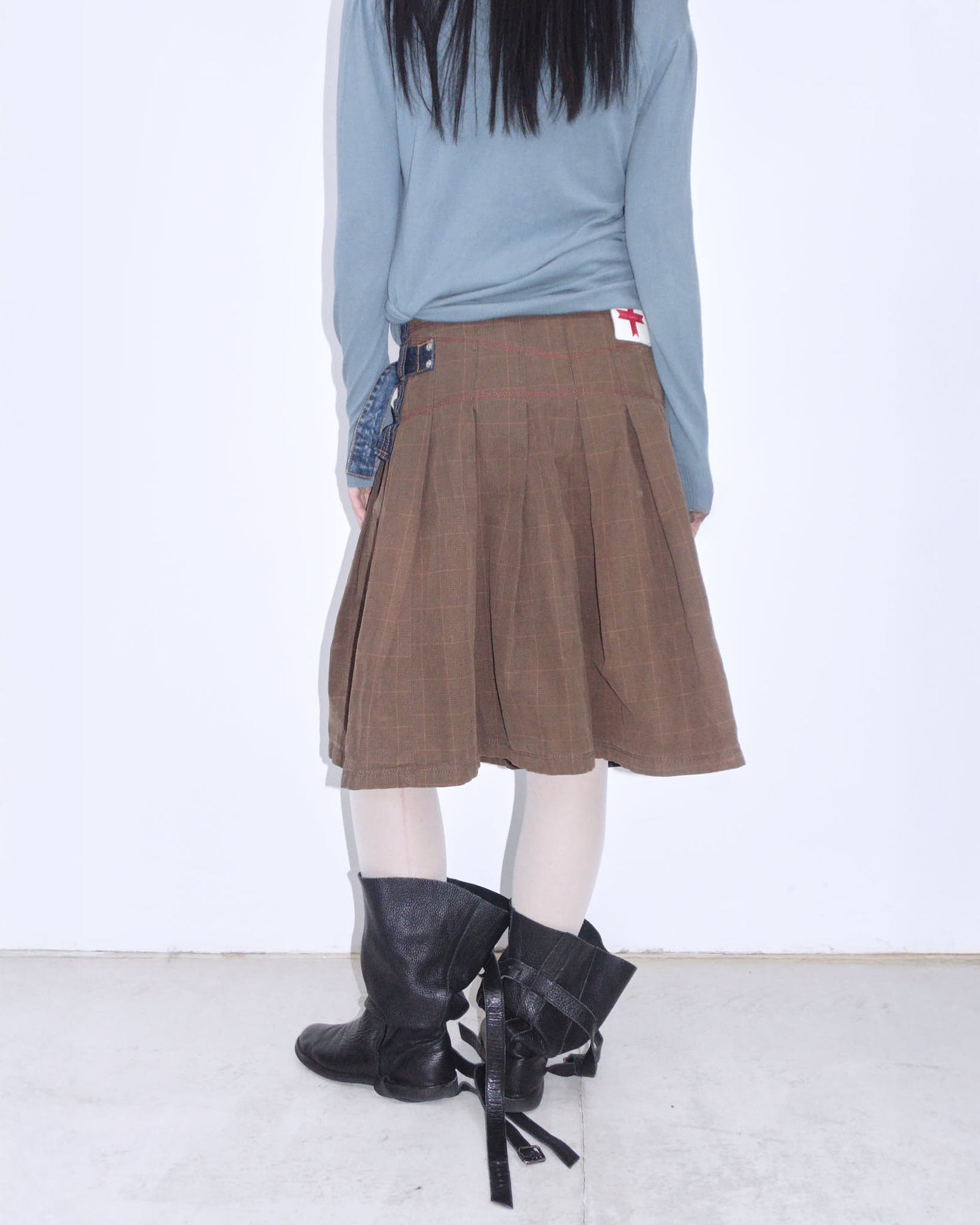 bi-material midi asymmetric denim skirt