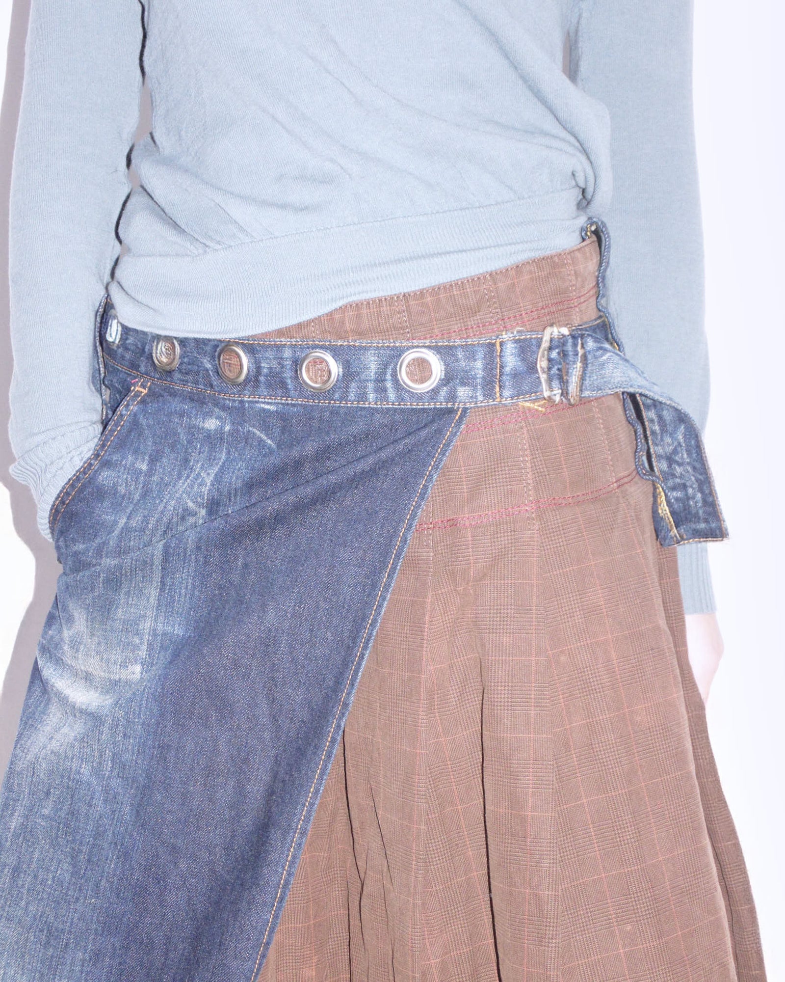 bi-material midi asymmetric denim skirt