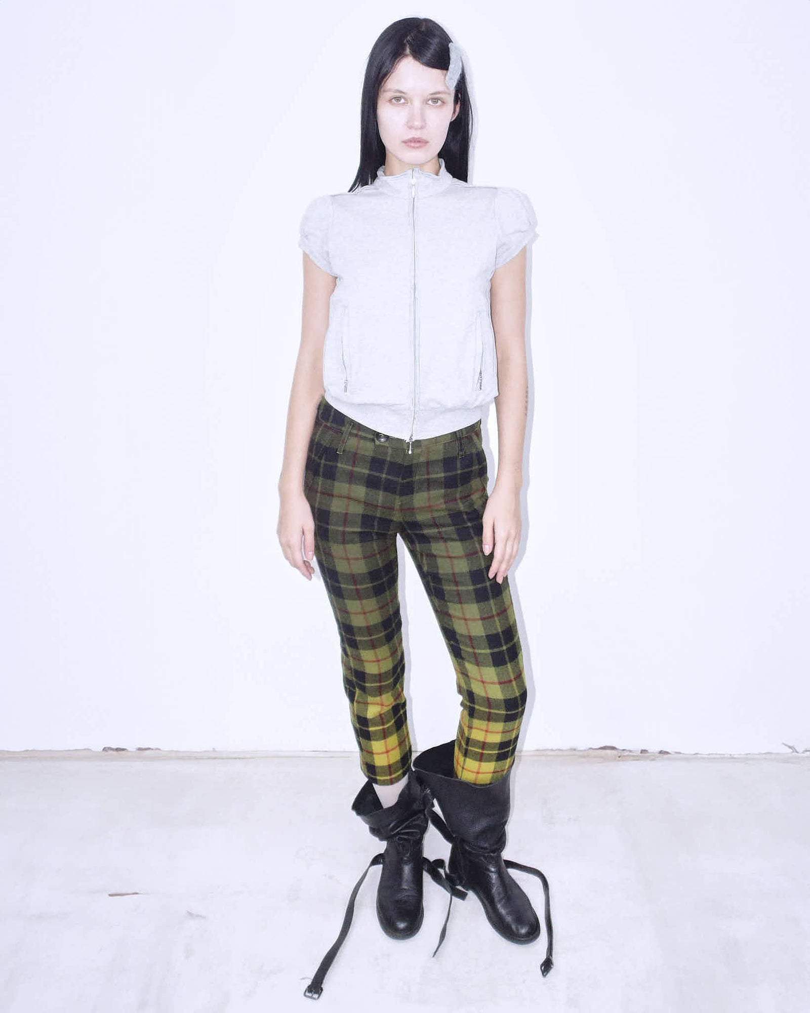black & acid yellow plaid faded wool capri pants
