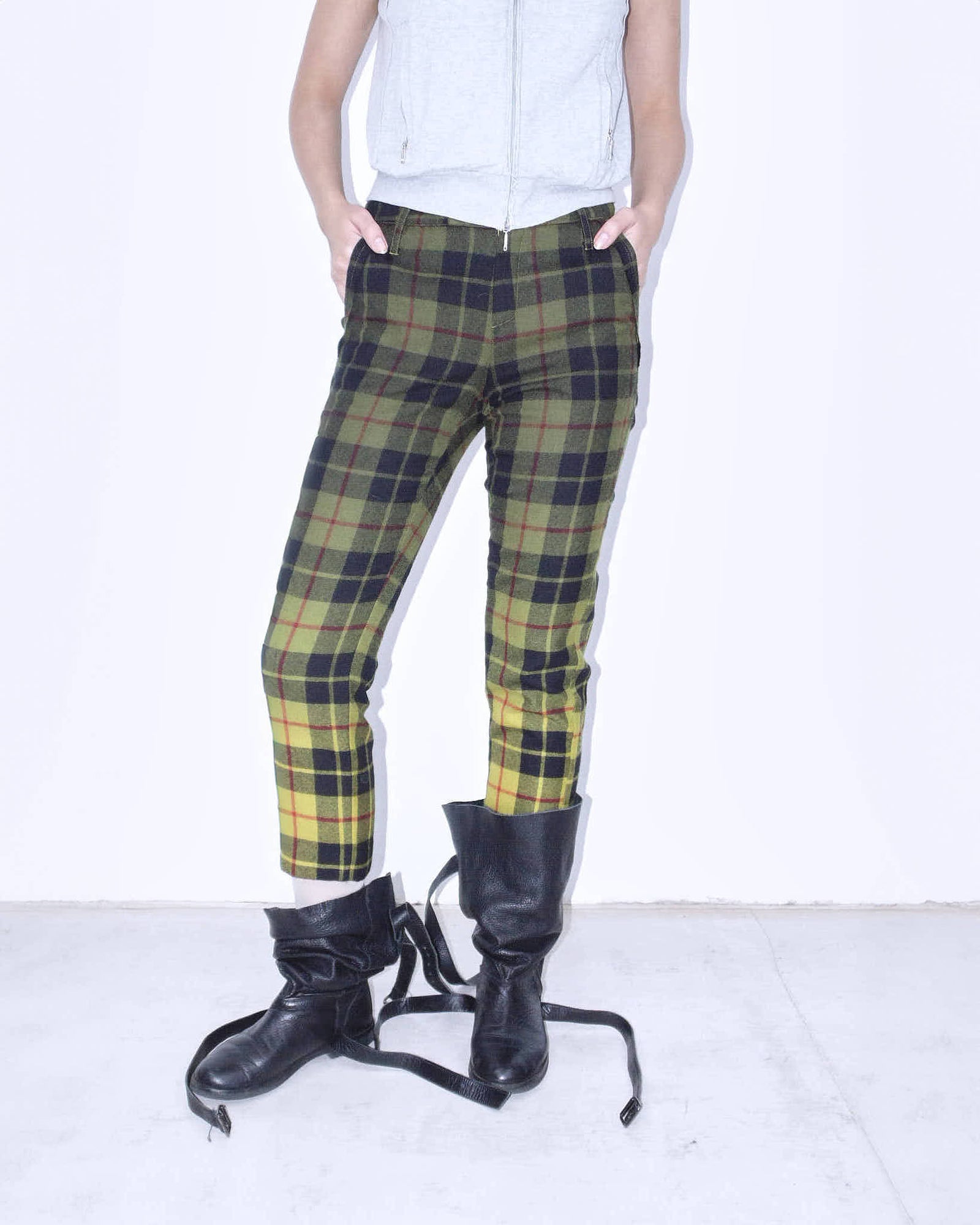 black & acid yellow plaid faded wool capri pants