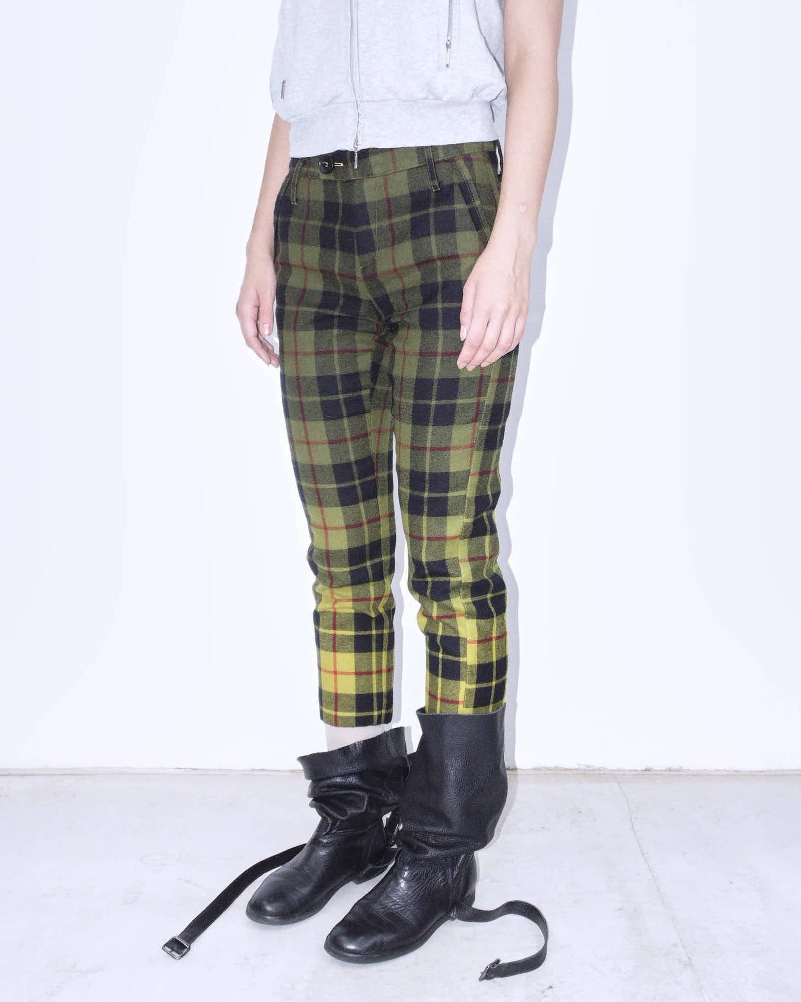 black & acid yellow plaid faded wool capri pants