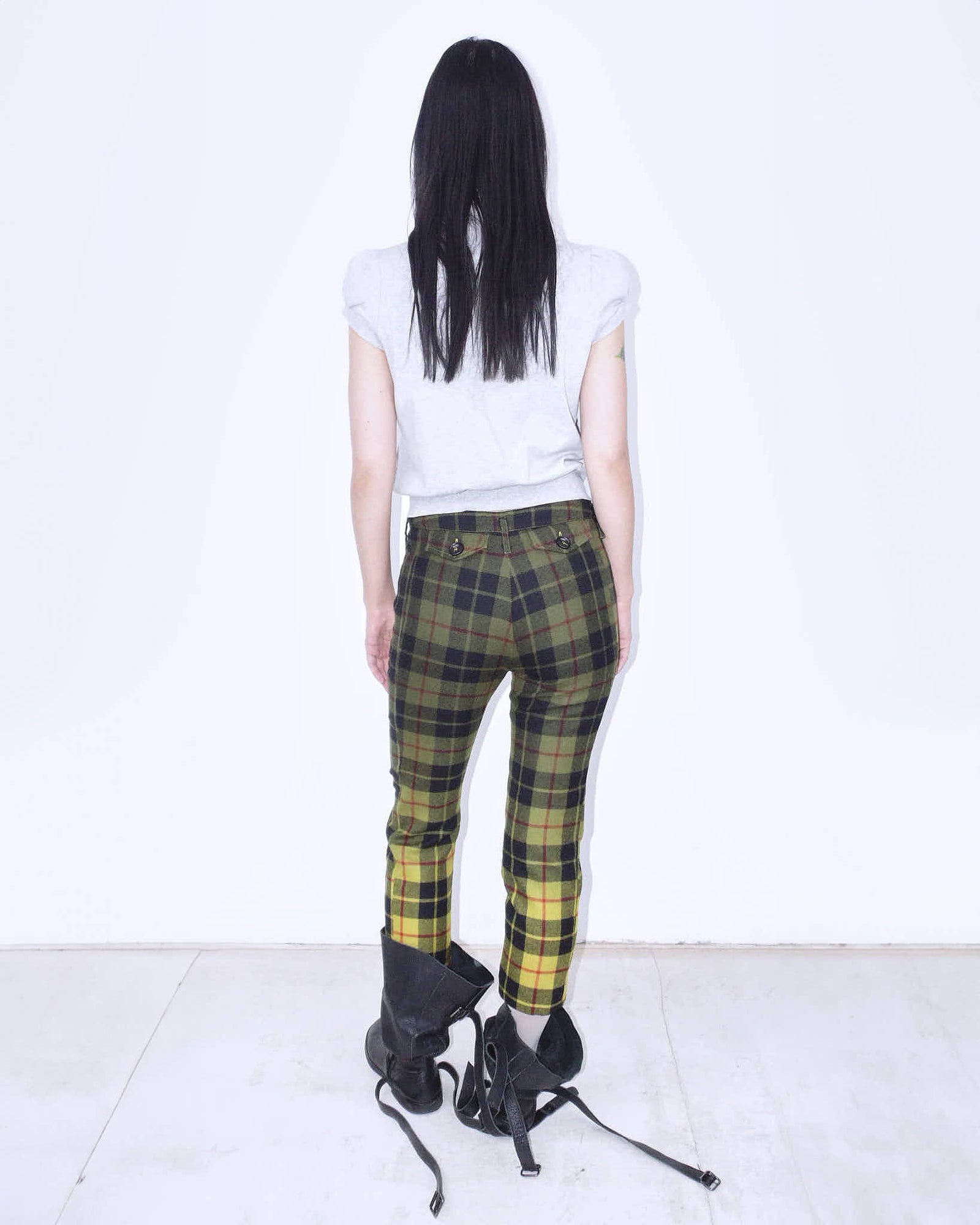 black & acid yellow plaid faded wool capri pants