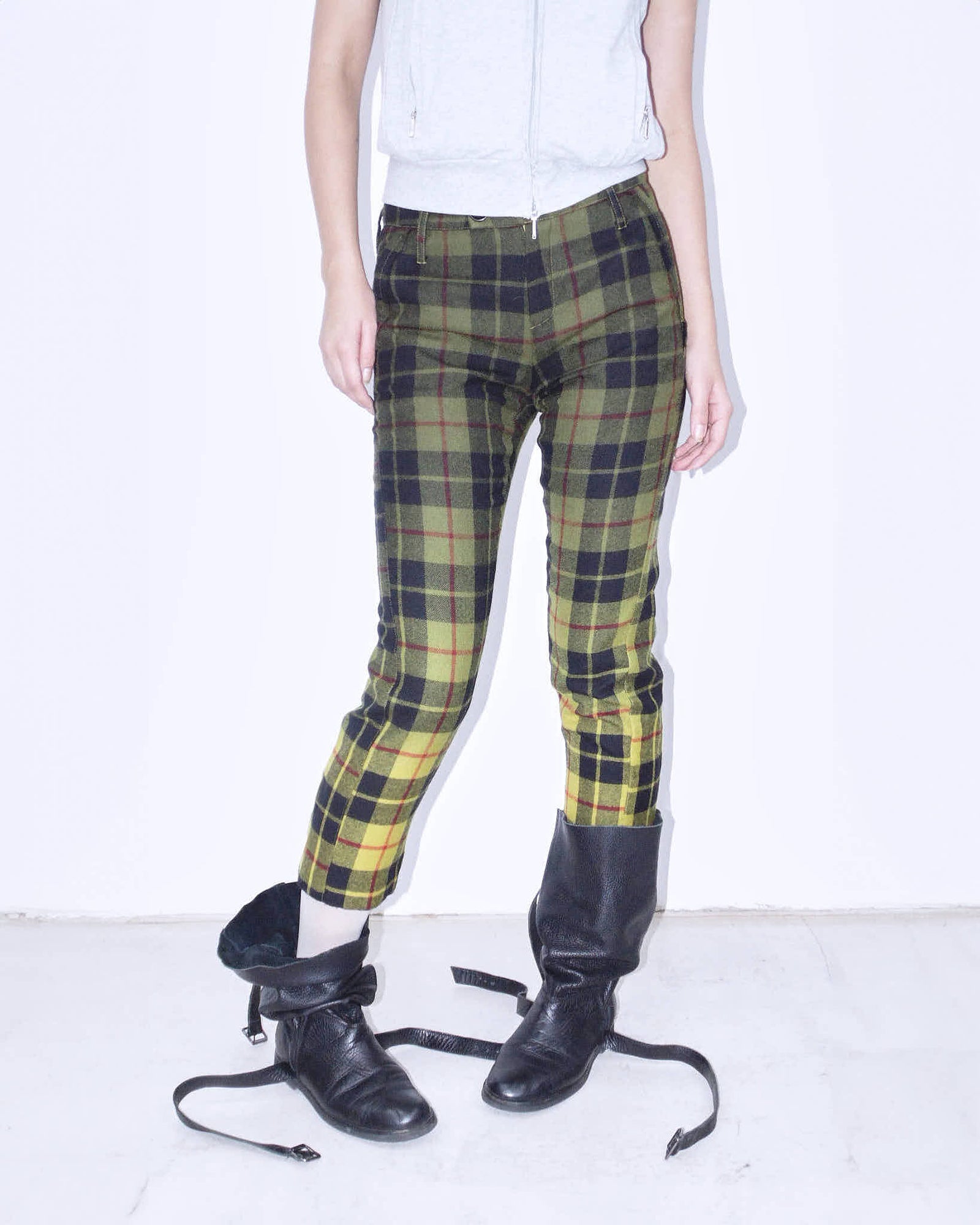 black & acid yellow plaid faded wool capri pants