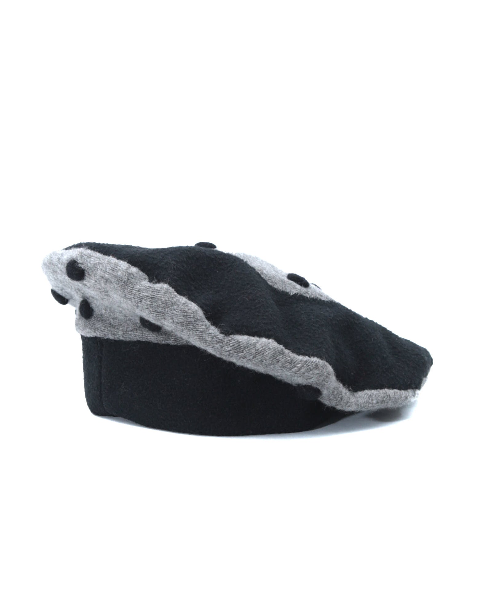 black and gray wool felt cloche hat with pom-pom details