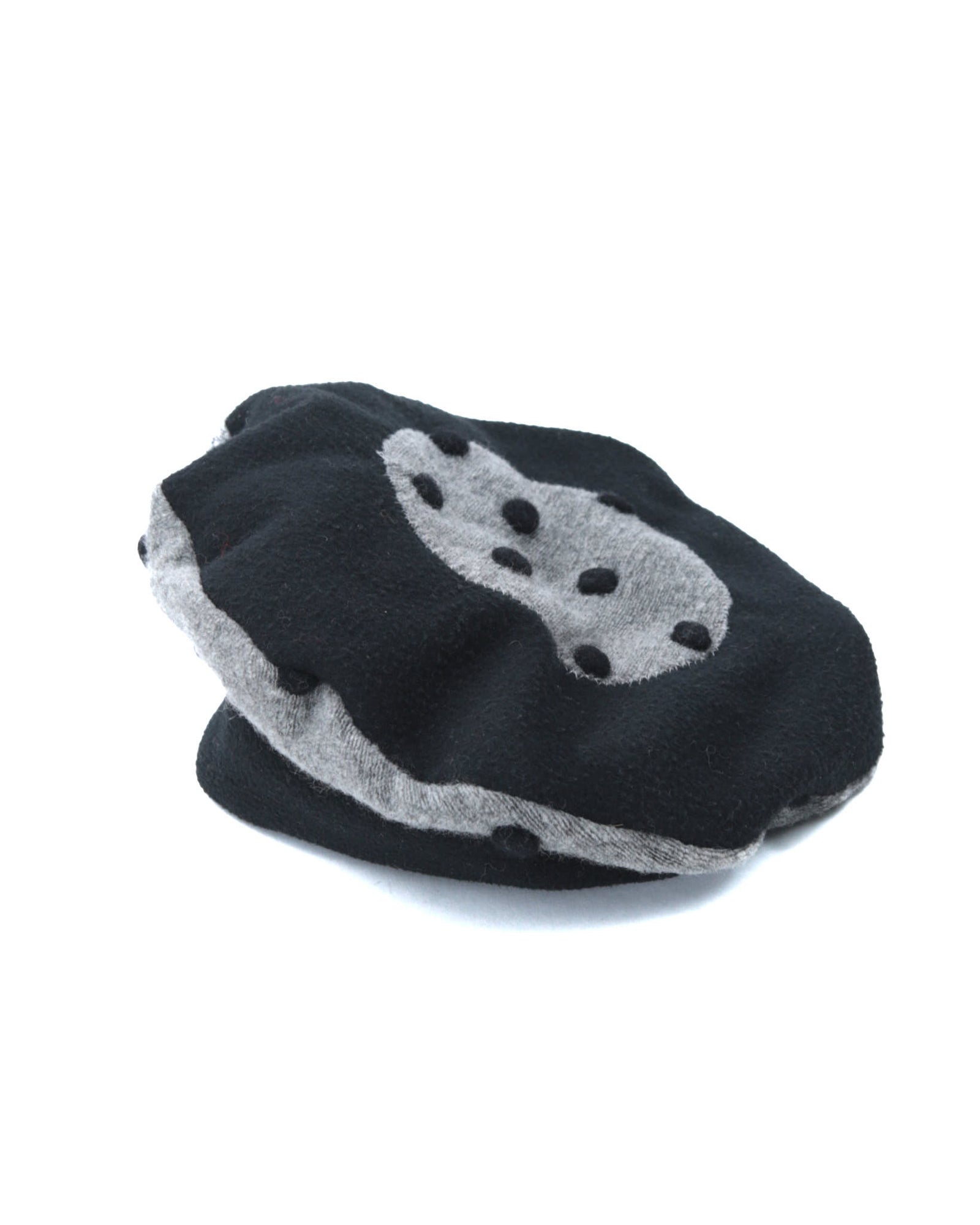 black and gray wool felt cloche hat with pom-pom details
