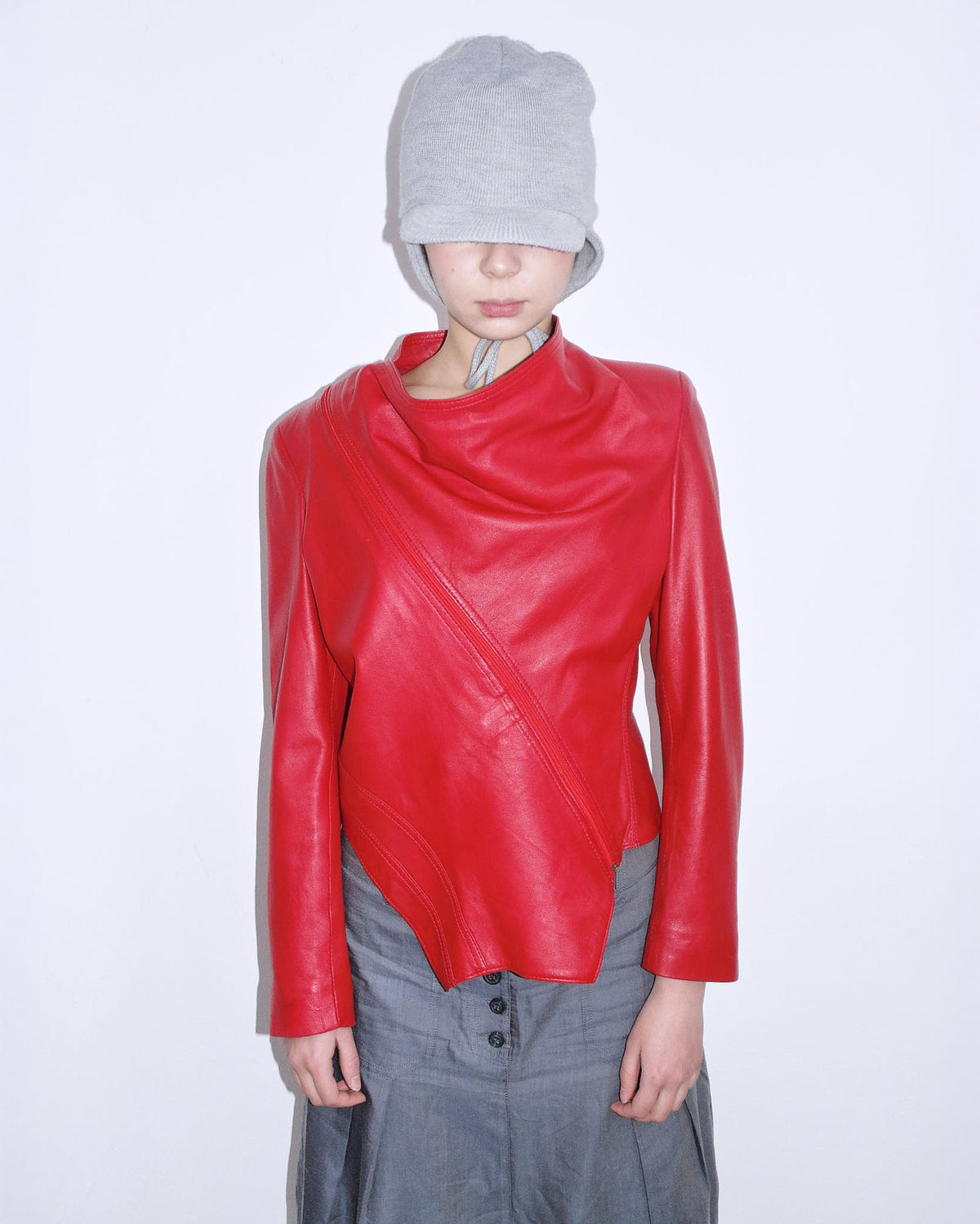 red asymmetrical oversized leather jacket