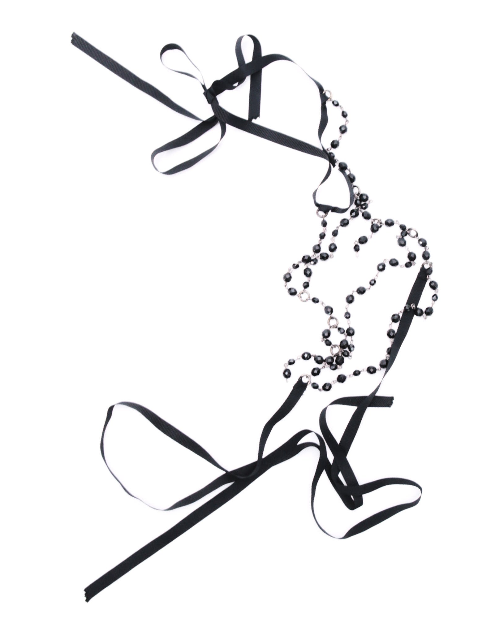 black beaded necklace with ribbon ties
