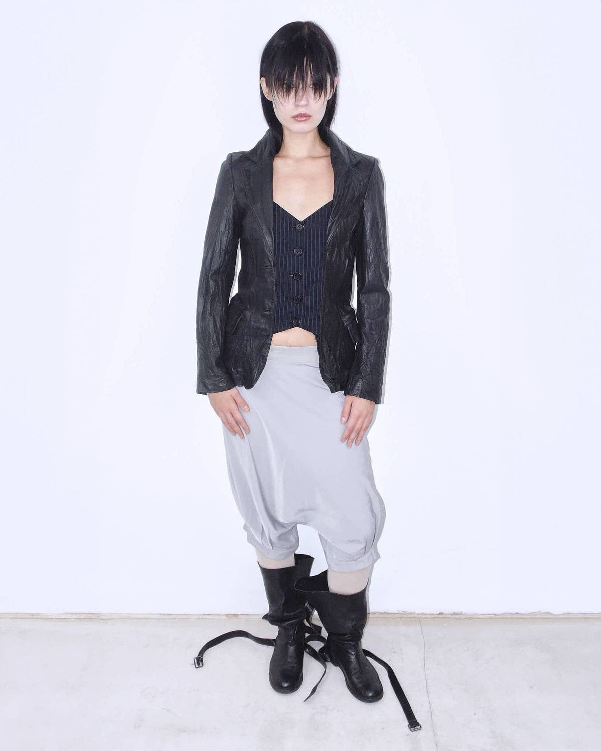 black distressed real leather blazer with pinstripe vest