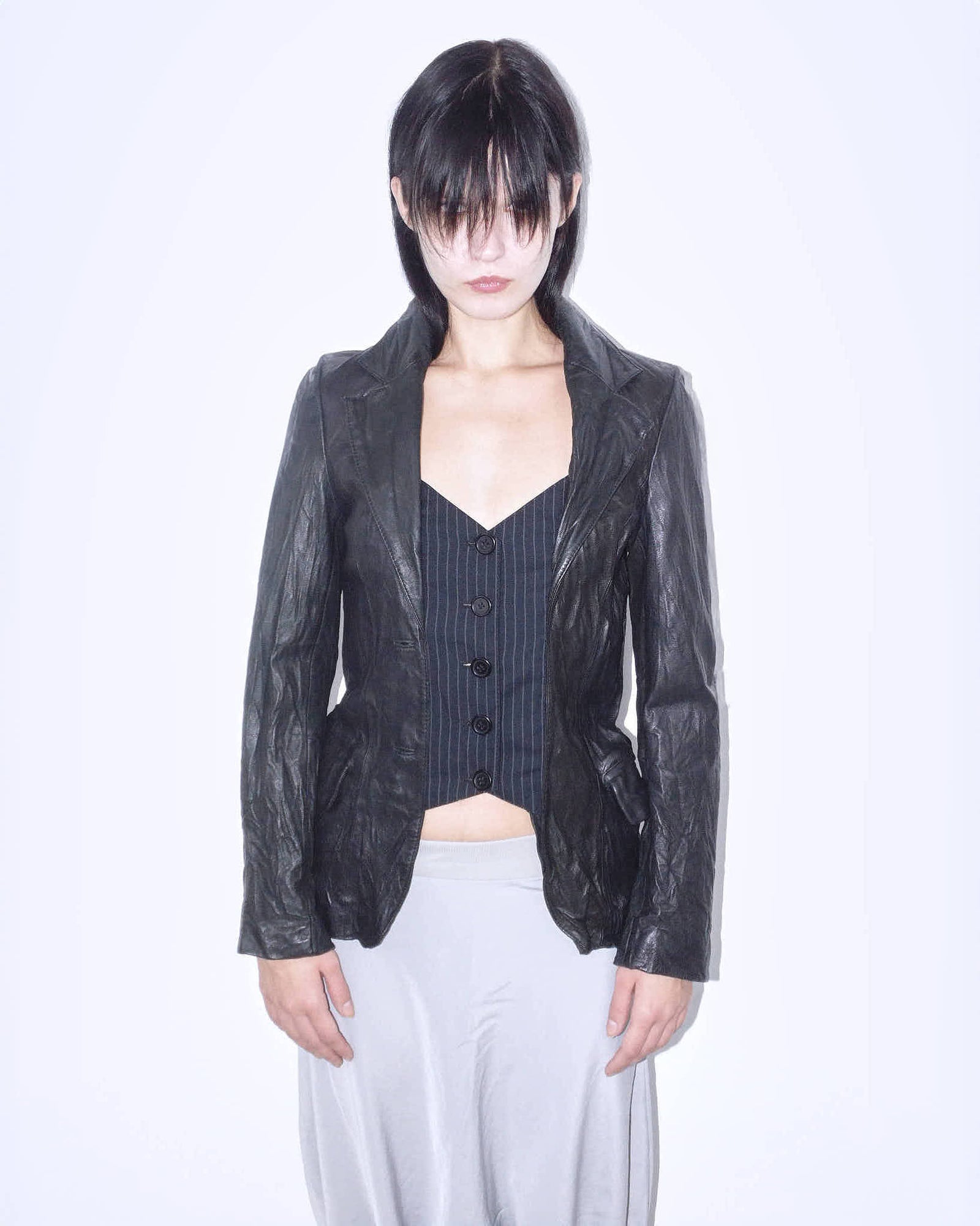 black distressed real leather blazer with pinstripe vest