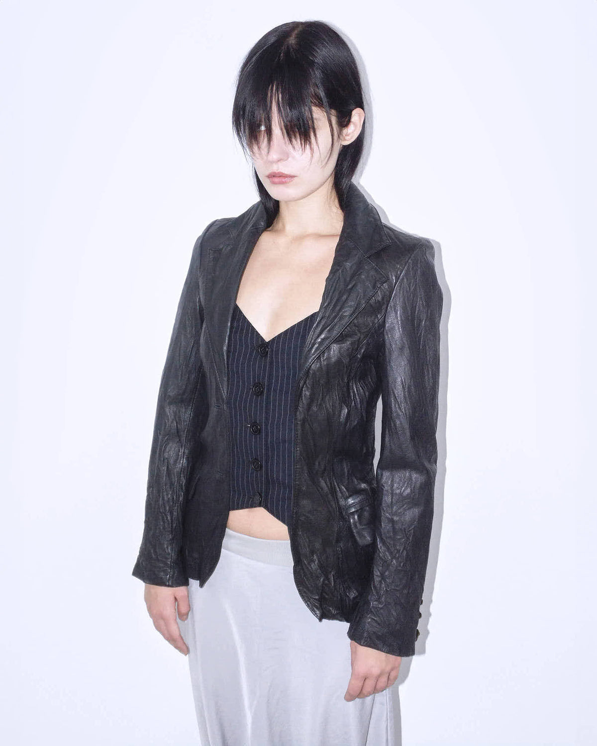 black distressed real leather blazer with pinstripe vest