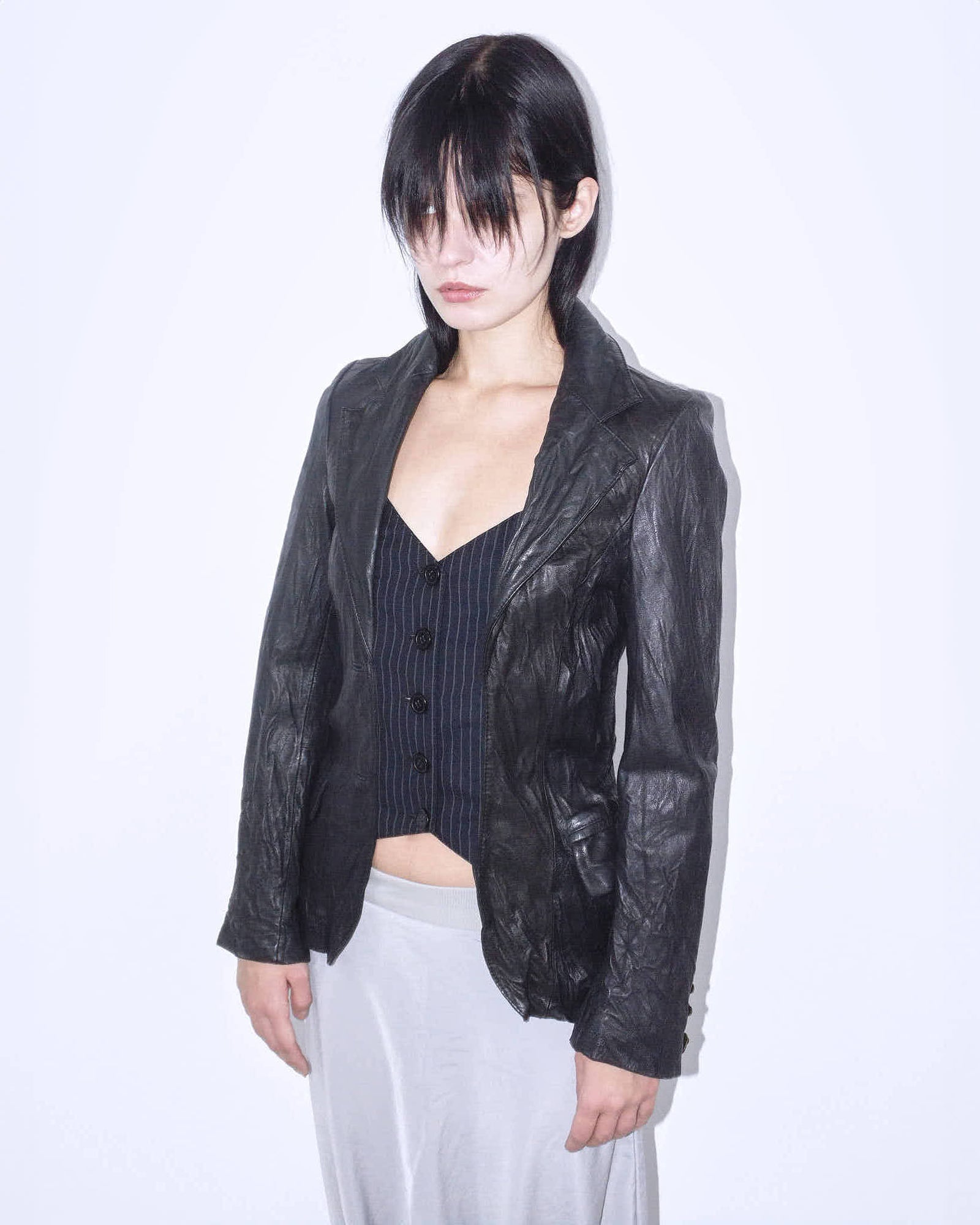 black distressed real leather blazer with pinstripe vest