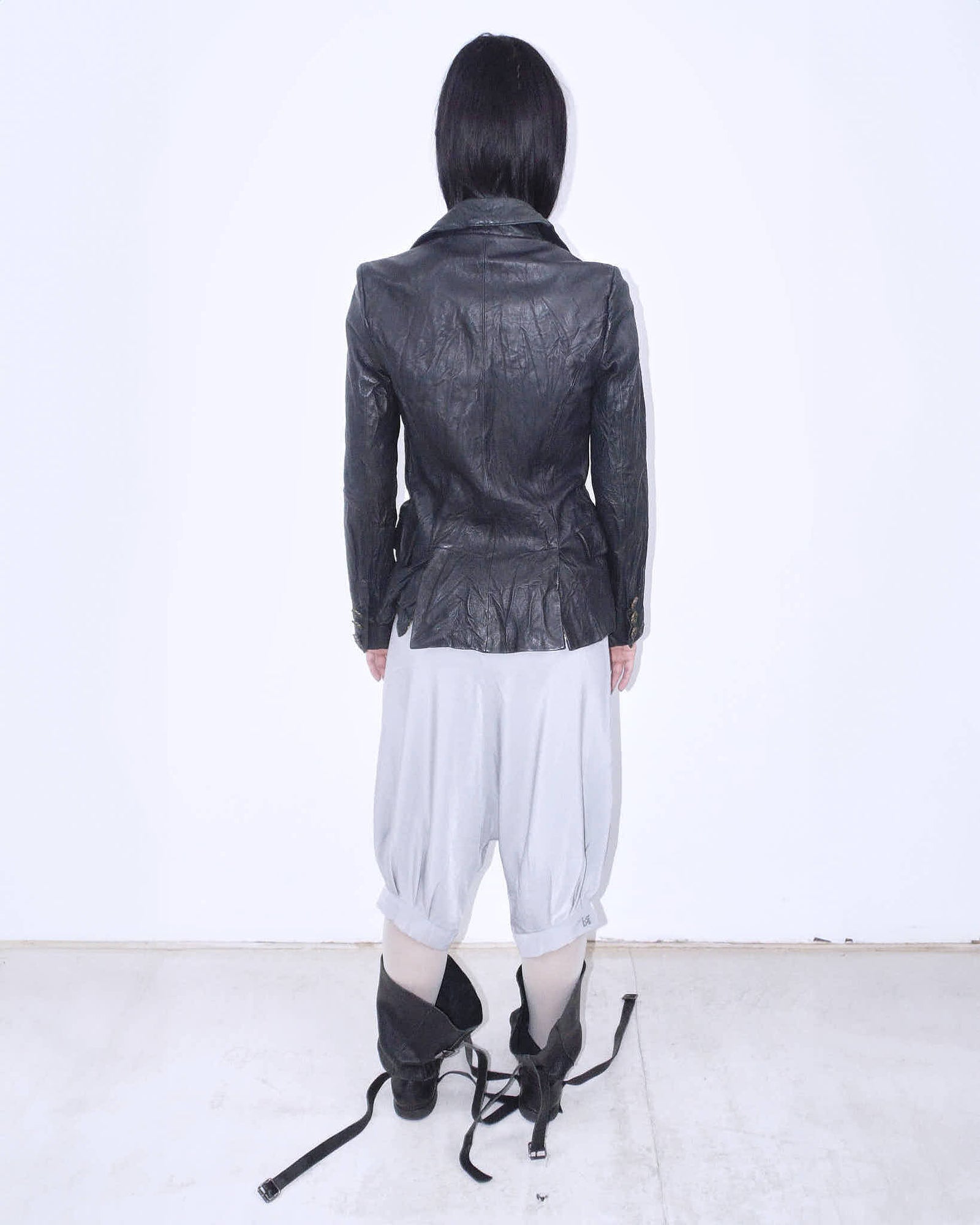 black distressed real leather blazer with pinstripe vest
