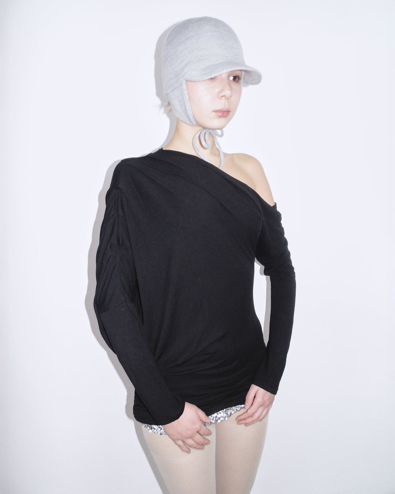 black one-shoulder ruched top