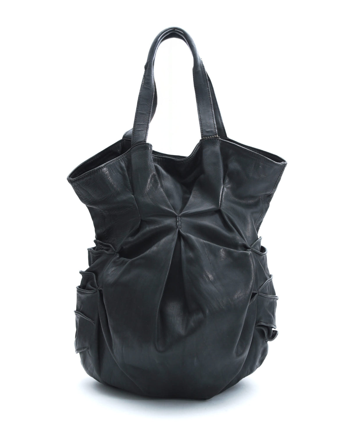 black sculpted leather tote bag